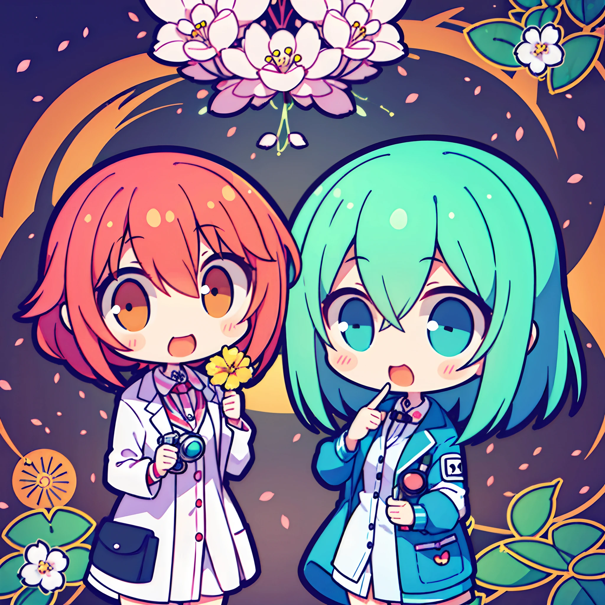 (2 girls) The cutest chibi scientist girls, wearing highly detailed lab coats and goggles, tattoos and piercings, finely detailed graffiti background, cherry blossoms blowing in the wind, perfect masterpiece, high quality, high resolution