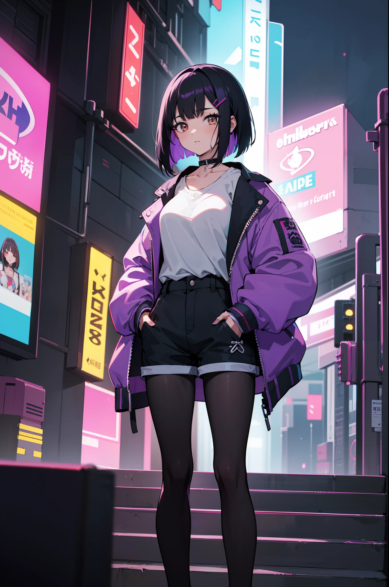 1girl, solo, , (black hair), (colored inner hair, purple hair), straight hair, bob cut, short hair, messy hair, assymmetrical hair, bang pinned back, hairclip, brown eyes, calm behaviour, inexpressive, medium breasts, choker, white shirt, black fabric shorts, (pantyhose:1.1), jacket, big jacket, thighs, (hands on pockets), night city, cyberpuk, colorful, beautiful, ((neon lights)), masterpiece, best quality, 4k