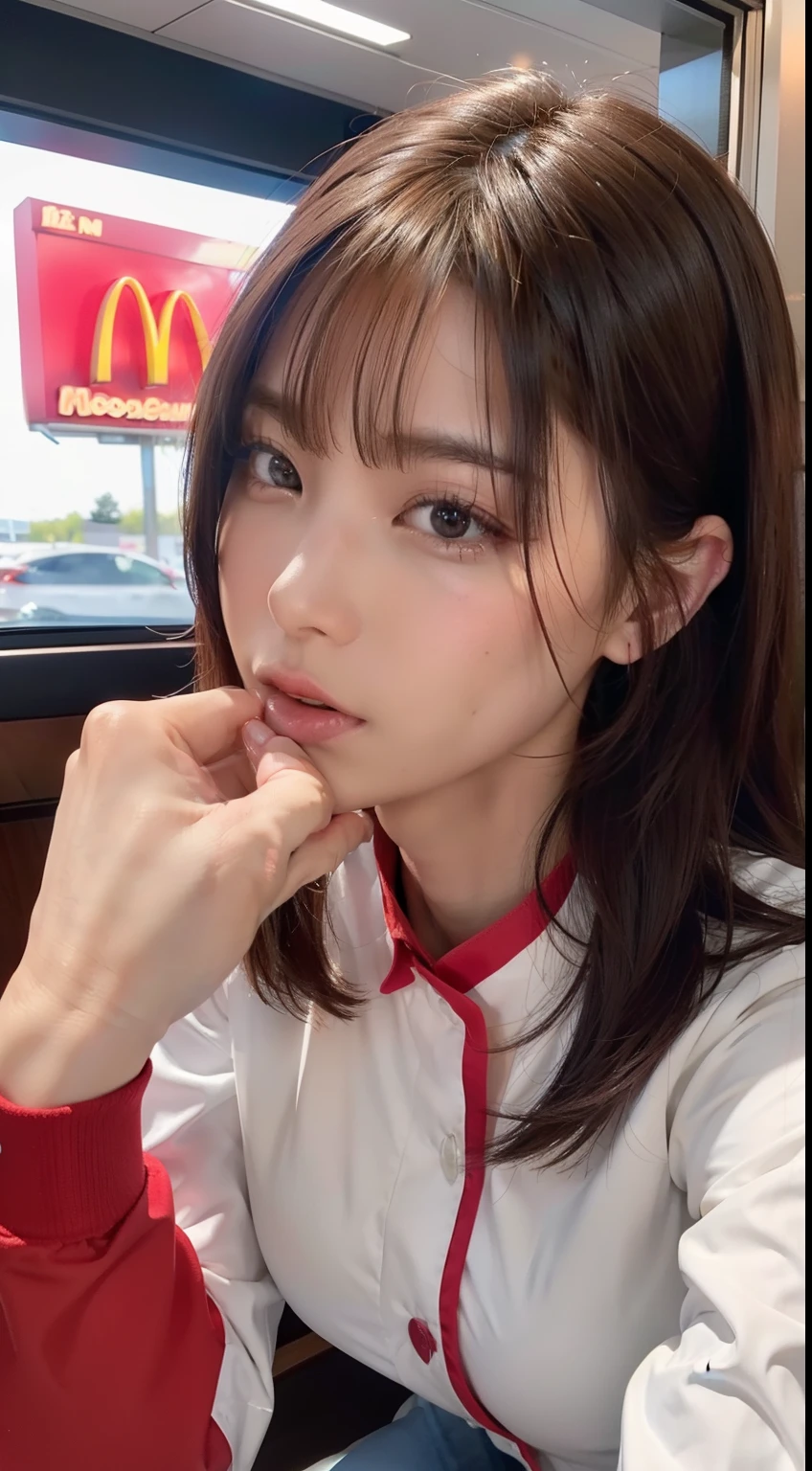 {{{Female on male's penis:2}}}、{8K picture quality:2}、{An ultra-high resolution picture quality:2}、{Ultra-realistic}、{perfect anatomy}、{japanes}、{nsfw}、{{{masterpiece}}}、{1faceless male}、{1female}、{hetero couple oral sex}、intercourse with a male、{She opens her mouth wide}、{Insert male penis into female mouth deeply:2}、{{{blow job}}}、{{{oral sex}}}、{{{irrumatio}}}、{male is nude 、dynamic oral sex position、femele POV、She is wearing McDonald's uniform、Being in the McDonald's、Exposing big breasts