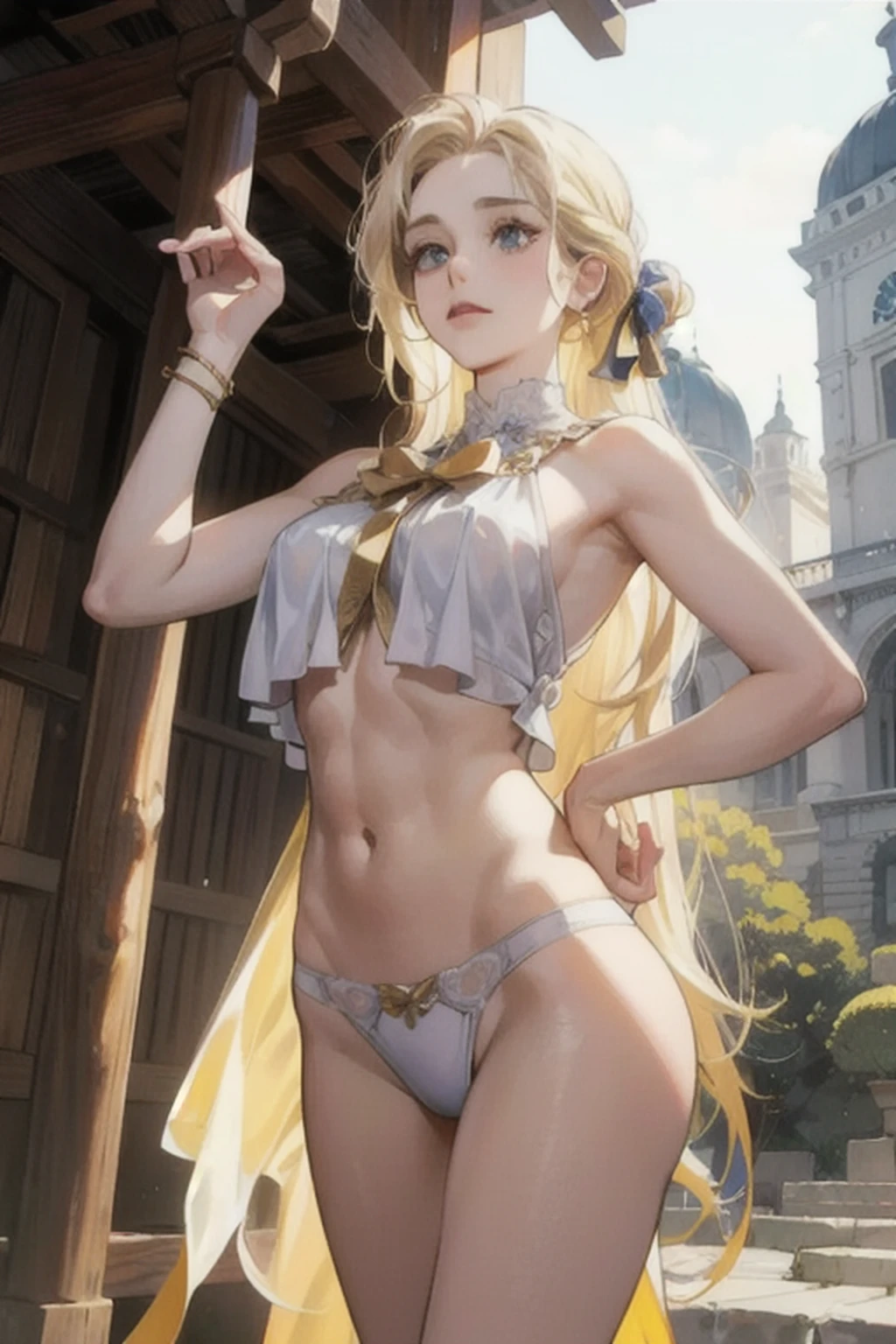 Young goddess of wild nature and virginity and hunting, com (((blonde hair))) e (((olhos azuis))), It's incredibly beautiful, is light-skinned, It's slender and tall, mostra seu par de pernas longas perfeitas, Usa {um sem mangas, (very short: 1.7), (Branco:1.5), Chiton grego, com bordas douradas}, Abs, "parece severo e determinado", It's safe ((a golden bow)), It's running and chasing its prey, Tiro com arco, mythical Arcadian mountains and forests, Mitologia grega, atmosfera vibrante e animada, arte digital, hiper-realismo, super alta qualidade, Super Detalhe, ultra accurate description of hands, master part, 8k, HDR