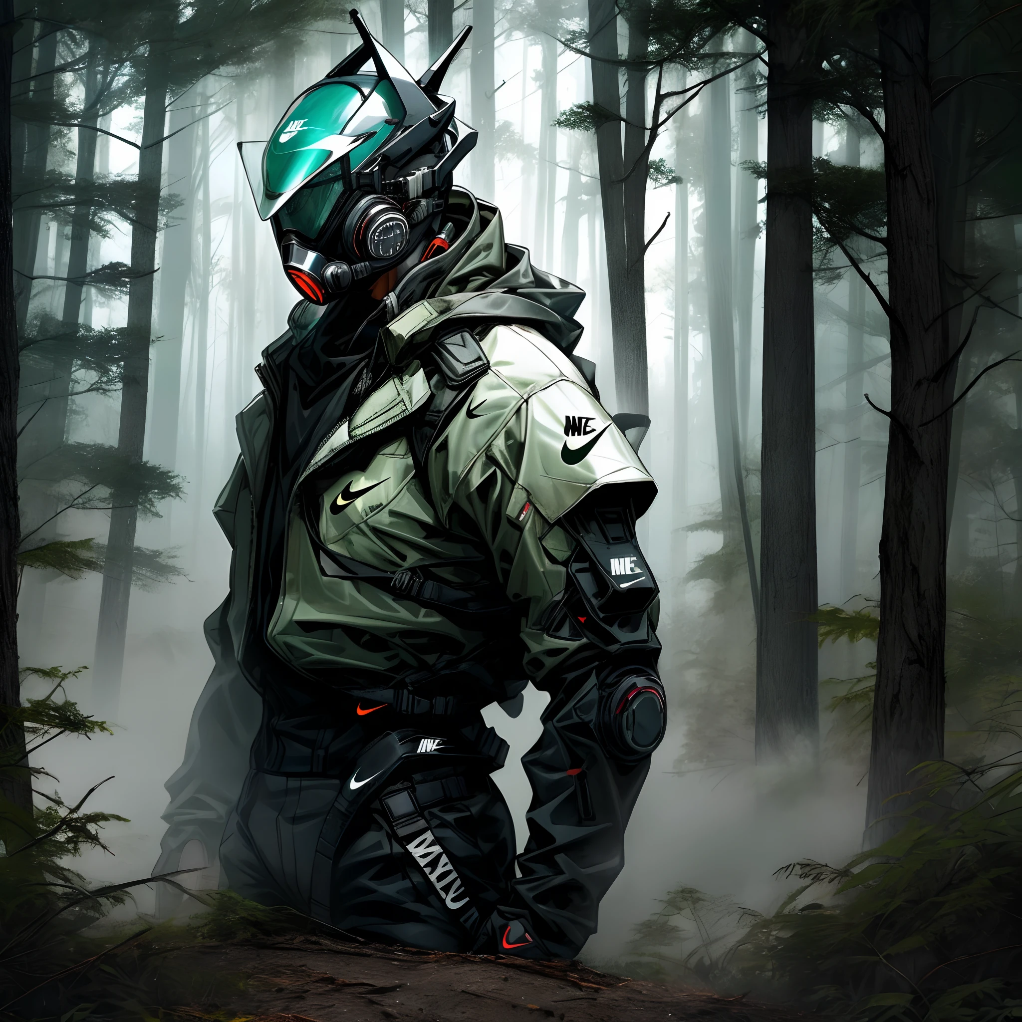 Man wearing a respirator mask, Black glasses and Nike suit with a background representing a foggy forest