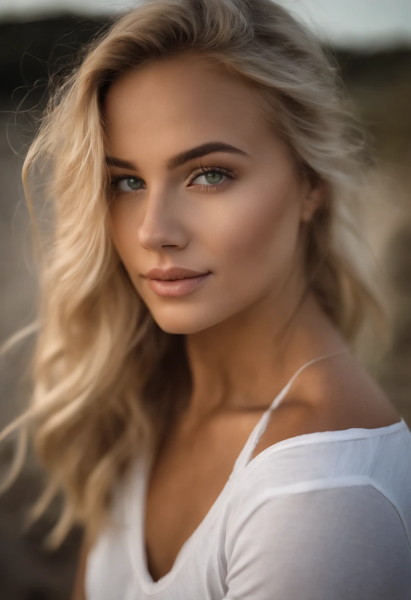 Sexy woman, 20 years old, Slim, sport, Tanned skin, Big breasts, Narrow waist, curly blond hair, Instagram model, Realistic, instagram picture, Photography, リアル, Natural. View of Dubai, Tall hands brush his hair behind his head