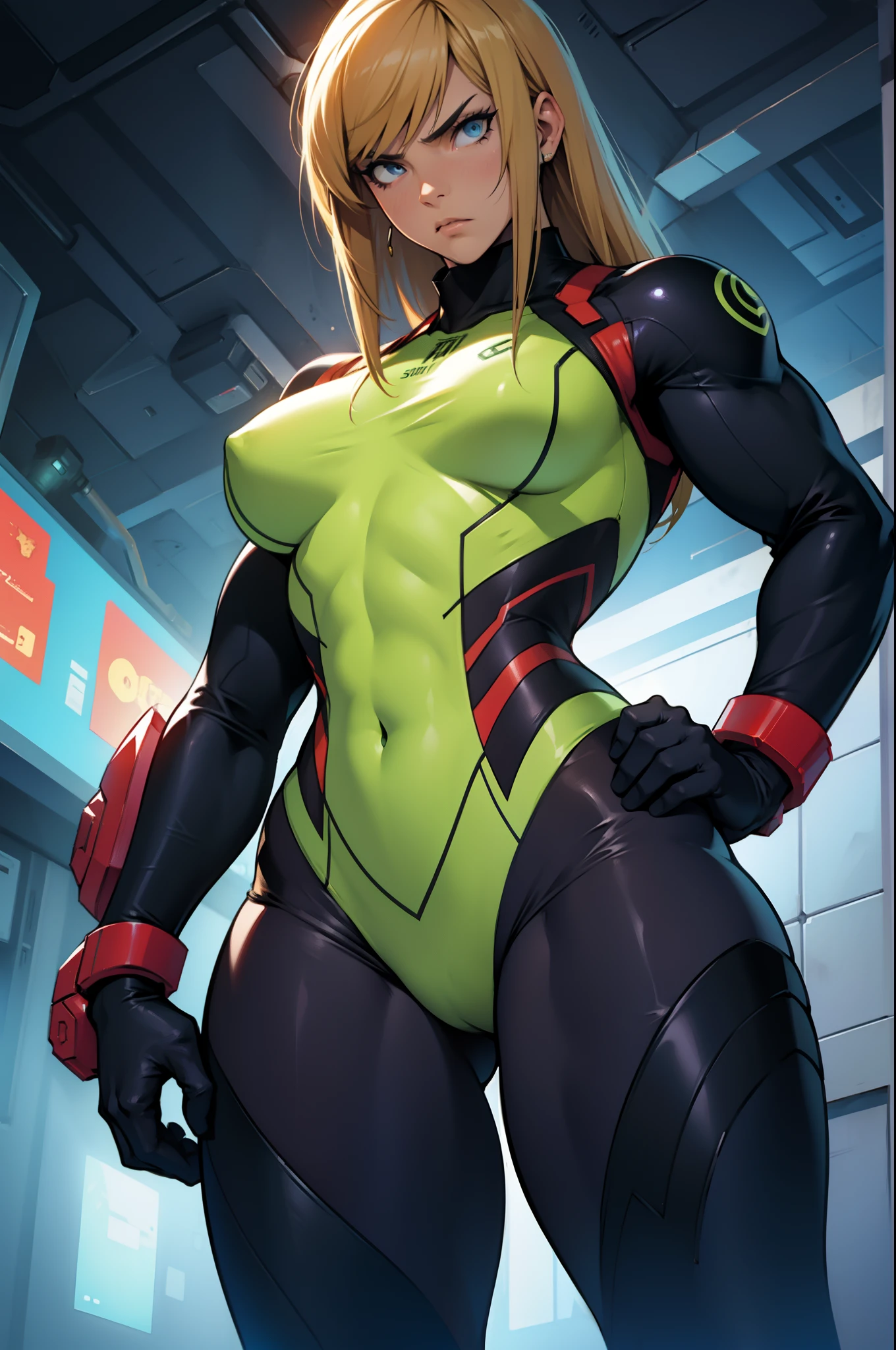 samus aran 1 girl solo (dark atmosphere muscular curvy) angry
