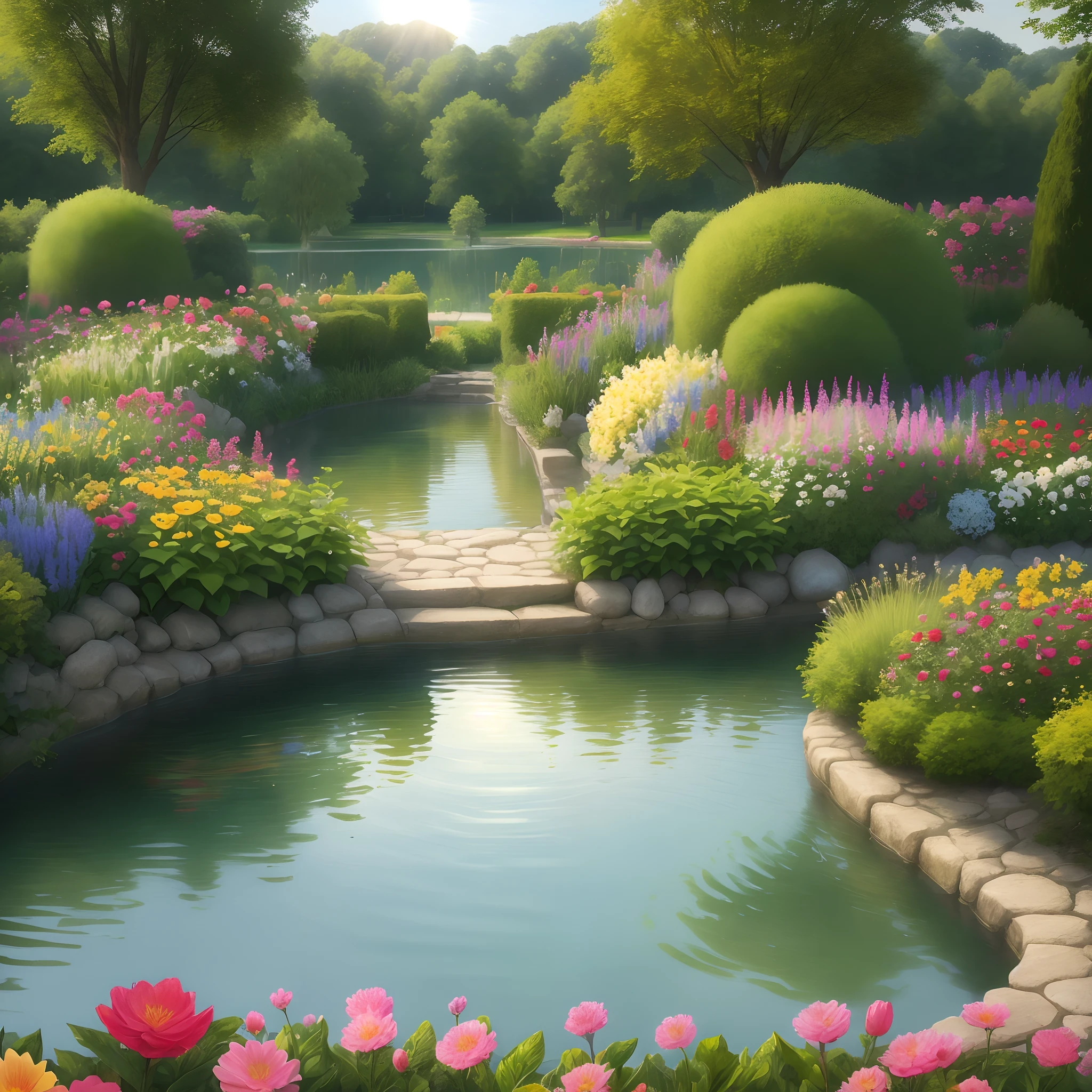 good morning in a full of different flowers garden with a lake and sun