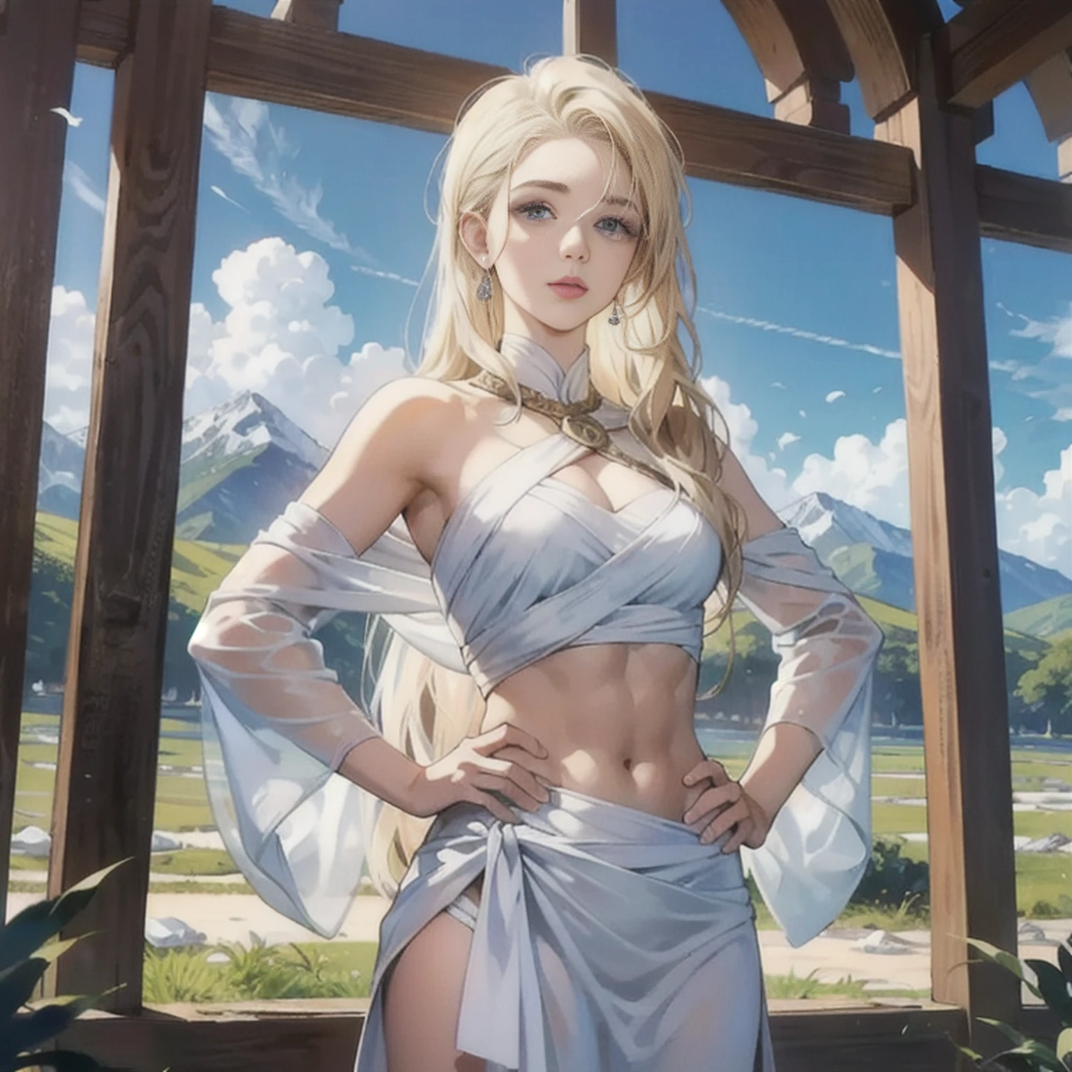 Young virgin Greek goddess of wild nature and hunting, com (((blonde hair))) e (((olhos azuis))), has amazing and incredibly beautiful appearance, is light-skinned, esbelta e alta, Mostra seu par perfeito de pernas longas, Usa {Mangas, (very short: 1.7), (Branco:1.5), Chitons gregos, Com borda dourada}, Abs, "Parece rigoroso e determinado", segureo um ((Arco dourado)), Tiro com arco, Ranger to protect your sanctuary from evil, mythical Arcadian mountains and forests, Mitologia grega, atmosfera vibrante e animada, cinemactic, mythical fantasy, Hiper-realismo, ultra-qualidade, Super Detalhe, ultra accurate description of hands, master part, 8k, HDR