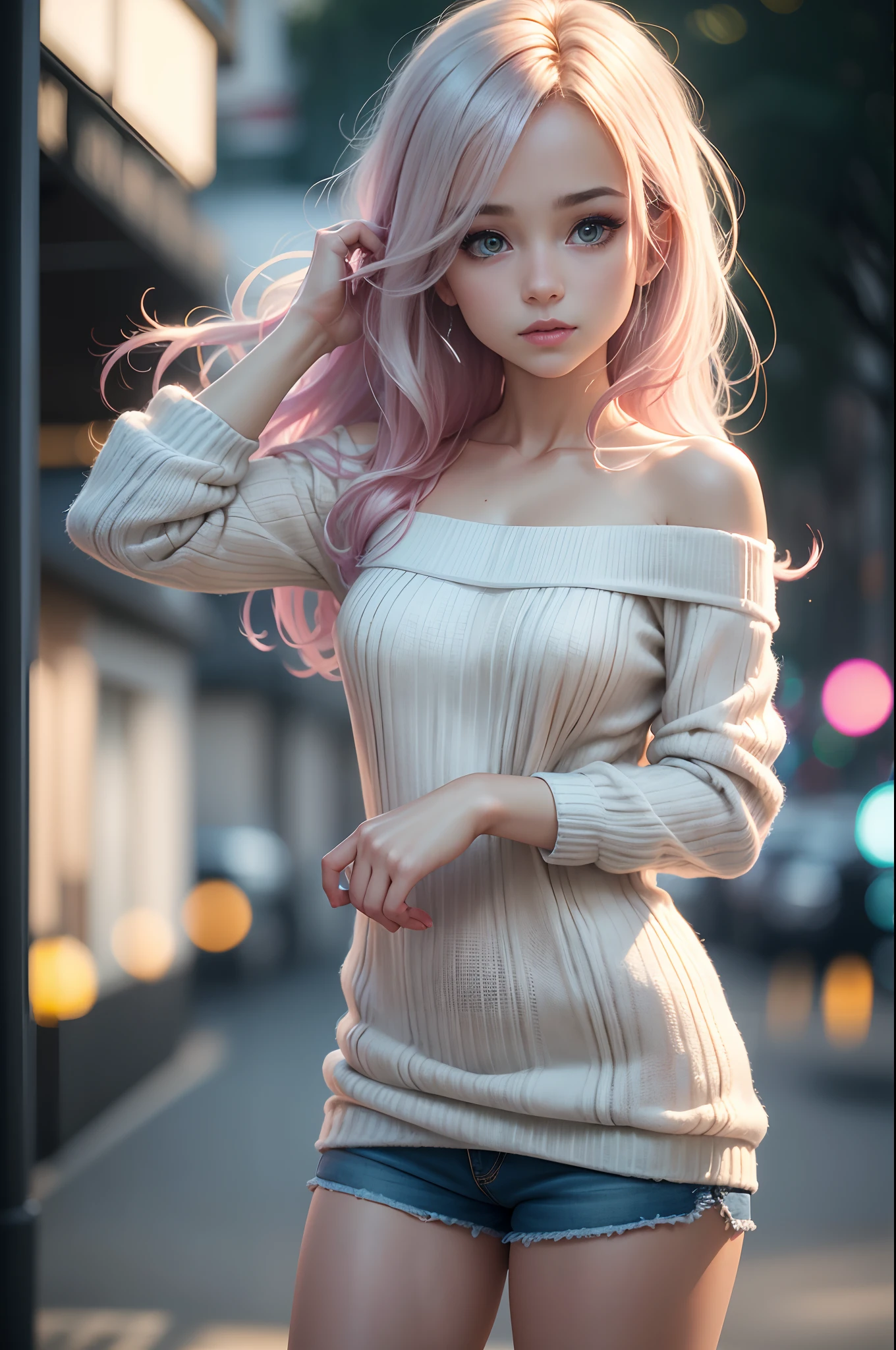 (), peitos grandes,(master part), best quality, extremamente detalhado, (Aquarela), florescer, delicado e bonito, illustration, (de baixo),(1girl:1.4), (sozinho:1.2), seios grandes, (ribbed sweater:1.3), off-shoulder sweater, (short shorts:1.2), bareshoulders, (Peito Inferior), ((pele escura:0.8)), olhos bonitos, (cabelos desgrenhados ), fotografia, tiro por cima do ombro, Directed by: Alex Maleev, profissional, Canon Camera, Nikon Camera, Sharp, Bokeh, studio quality, lente olho de peixe, Directed by: Robert Capa ,