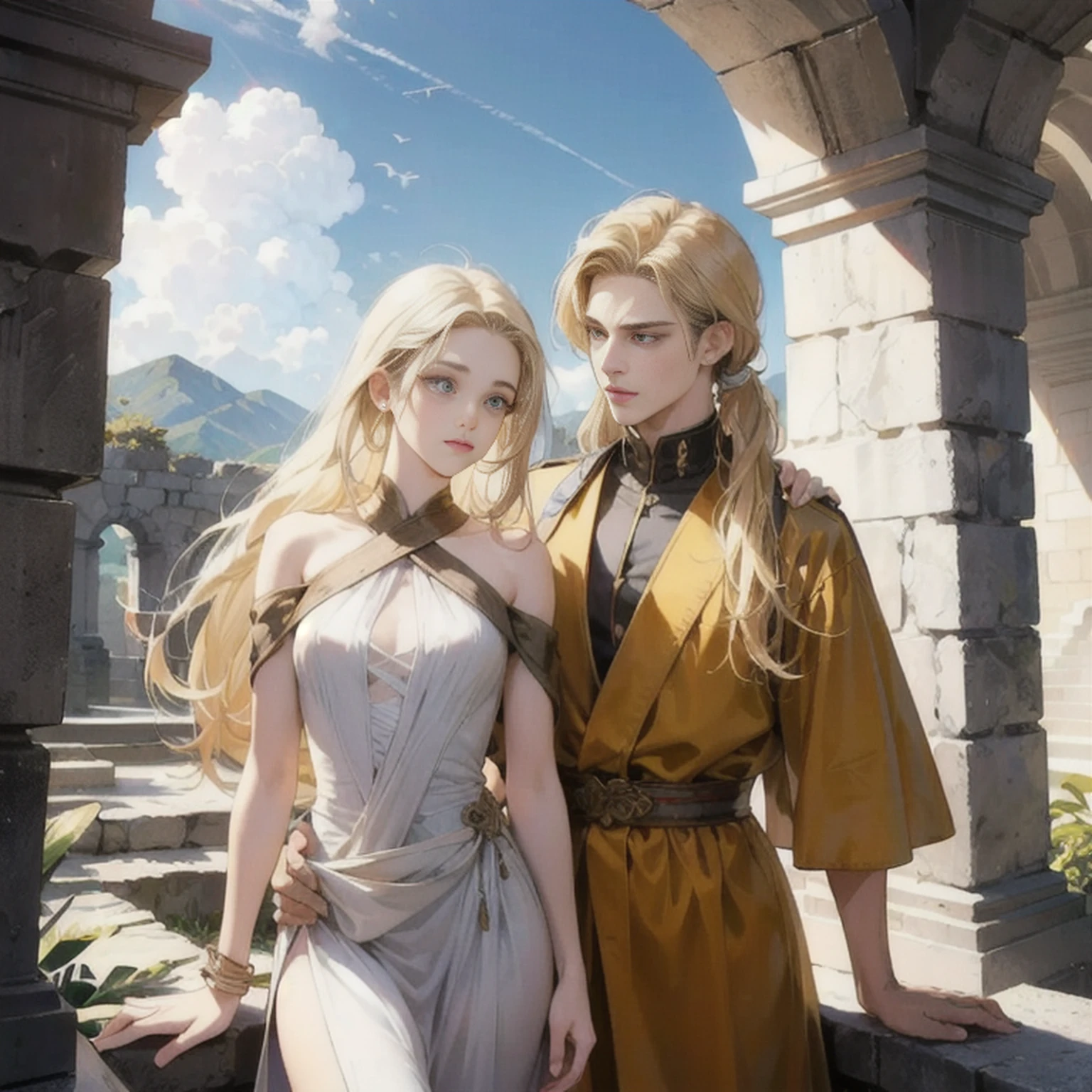 Young virgin Greek goddess of wild nature and hunting, com (((blonde hair))) e (((olhos azuis))), has amazing and incredibly beautiful appearance, is light-skinned, esbelta e alta, Mostra seu par perfeito de pernas longas, Usa {Mangas, (very short: 1.7), (Branco:1.5), Chitons gregos, Com borda dourada}, Abs, "Parece rigoroso e determinado", segureo um ((Arco dourado)), Tiro com arco, Ranger to protect your sanctuary from evil, mythical Arcadian mountains and forests, Mitologia grega, atmosfera vibrante e animada, cinemactic, mythical fantasy, Hiper-realismo, ultra-qualidade, Super Detalhe, ultra accurate description of hands, master part, 8k, HDR