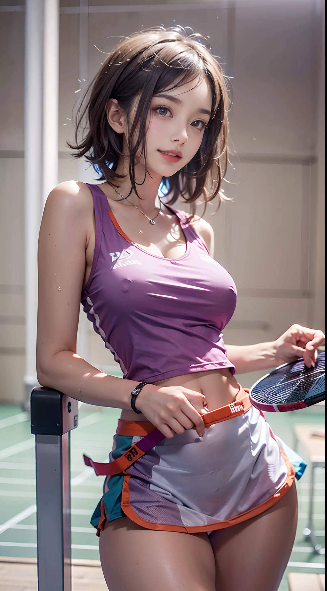 (NSFW), 1womanl, Solo, 24 year old, 7headed body, (cute face), (Ideal ratio body proportions), ((Composition from head to thigh)), Table tennis hall, Table Tennis Uniforms, Holding a table tennis racket in hand, Sleeveless, a miniskirt, erectile nipple, Cameltoe, Sexy body, Wet, Smiling smile, short-hair, Dark hair, small tits, A slender, Small buttocks, beauty legs, Skinny Legs, surrealism, Cinematic lighting, depth of fields, One-person viewpoint, F/1.8, 135 mm, nffsw, masutepiece, ccurate, ((Anatomically correct)), Textured skin, Super Detail, high details, High quality, awardwinning, Best Quality, hight resolution, 8K