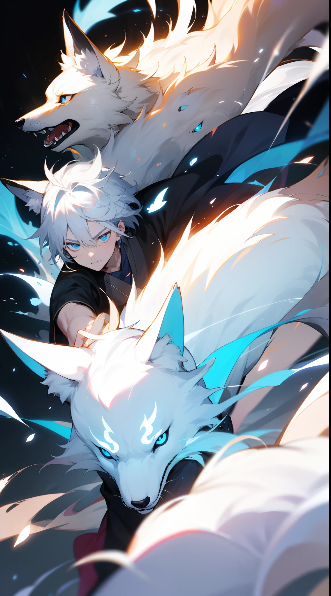 In a world of magic and wonder, a blue-eyed white-haired boy and his sacred Fox Spirit roam, their dynamic background and lighting adding to the mystique of their journey.