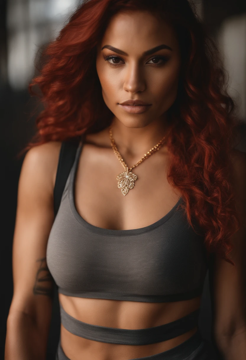 An urban Latina goddess with caramel skin and vibrant red hair With flower tattoos on her right shoulder, lower lip and shoulder completely, sportive, fit girl, muscular quite big, poitrine, Realstic, 22 ans, tenue de sport, Small gold chain necklace without pendant, salle de sport, joue ronde