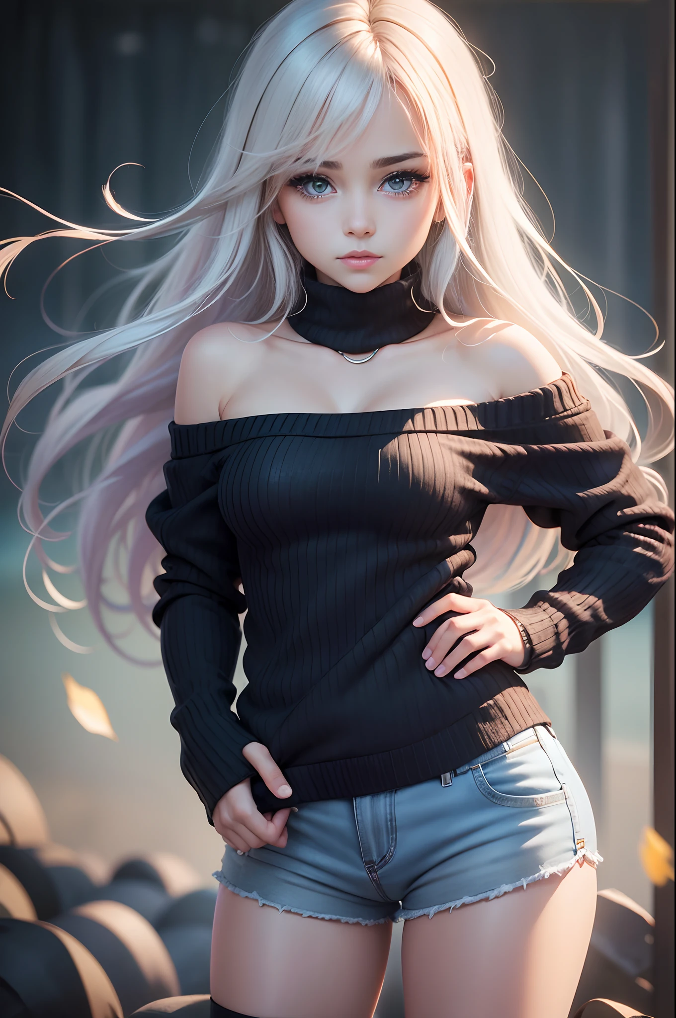 (), peitos grandes,(master part), best quality, extremamente detalhado, (Aquarela), florescer, delicado e bonito, illustration, (de baixo),(1girl:1.4), (sozinho:1.2), seios grandes, (ribbed sweater:1.3), off-shoulder sweater, (short shorts:1.2), bareshoulders, (Peito Inferior), ((pele escura:0.8)), olhos bonitos, (cabelos desgrenhados ), fotografia, tiro por cima do ombro, Directed by: Alex Maleev, profissional, Canon Camera, Nikon Camera, Sharp, Bokeh, studio quality, lente olho de peixe, Directed by: Robert Capa ,