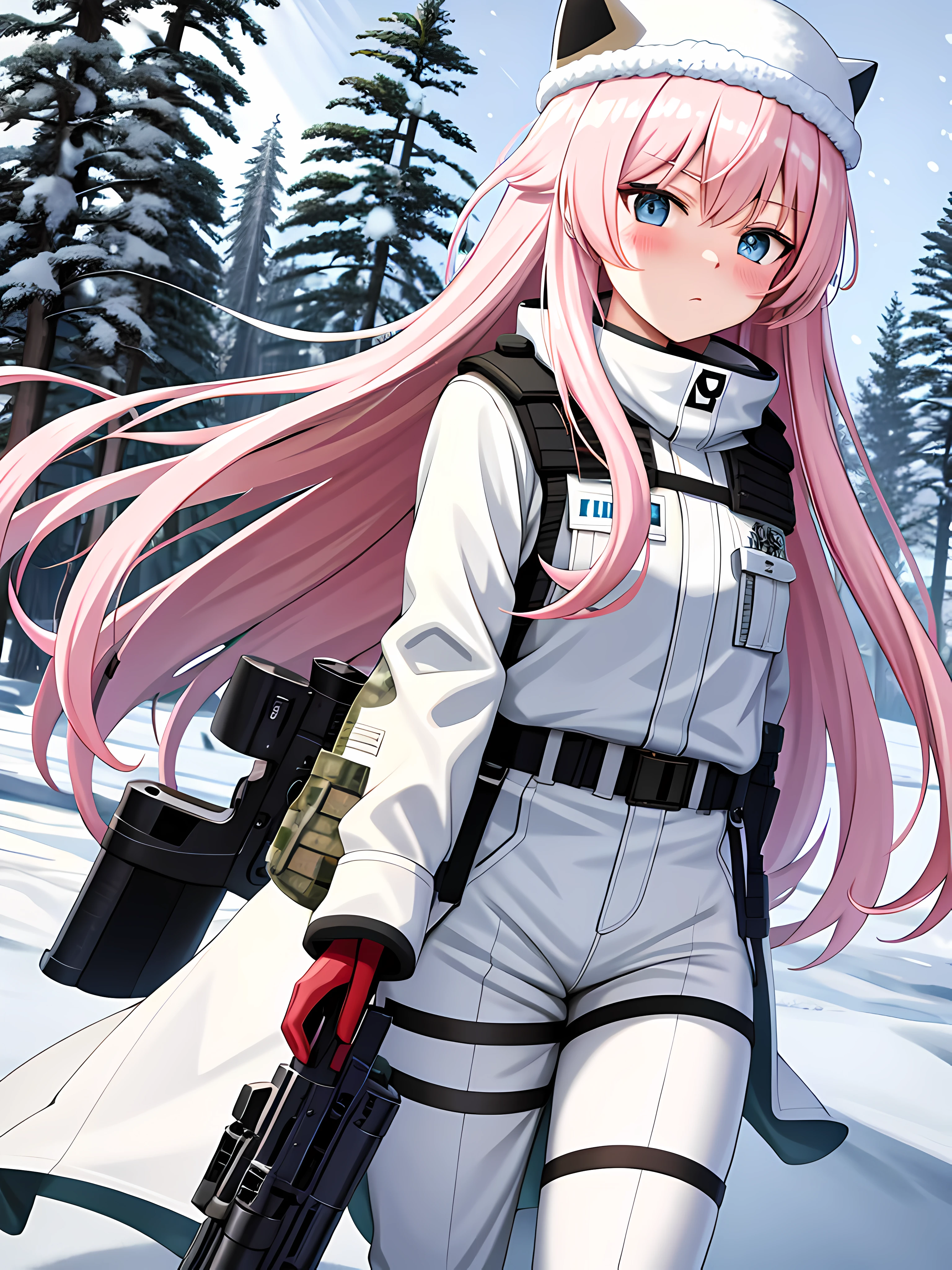 masterpiece, best quality, highres, anime, art, blush stickers, long hair, white hair, blue eyes. camouflage clothing, bulletproof vest, fluffy white winter hat, camouflage white pants, serious, gun in hand, outdoors, snowy mountain, snow, flowers