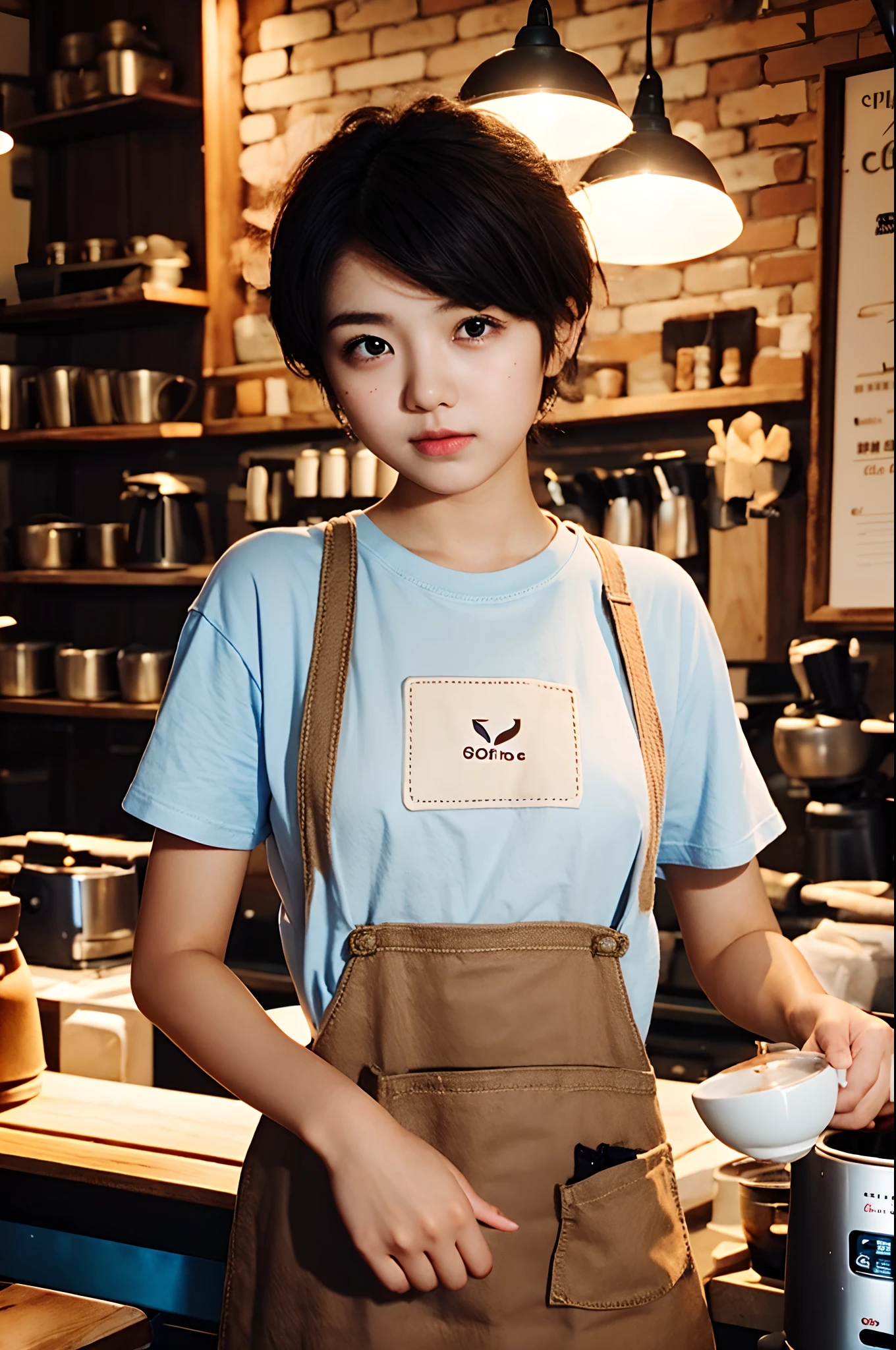 20-year-old woman working in a coffee shop、Brewing coffee、tshirts、pinafore、short-cut、Backlight illumination