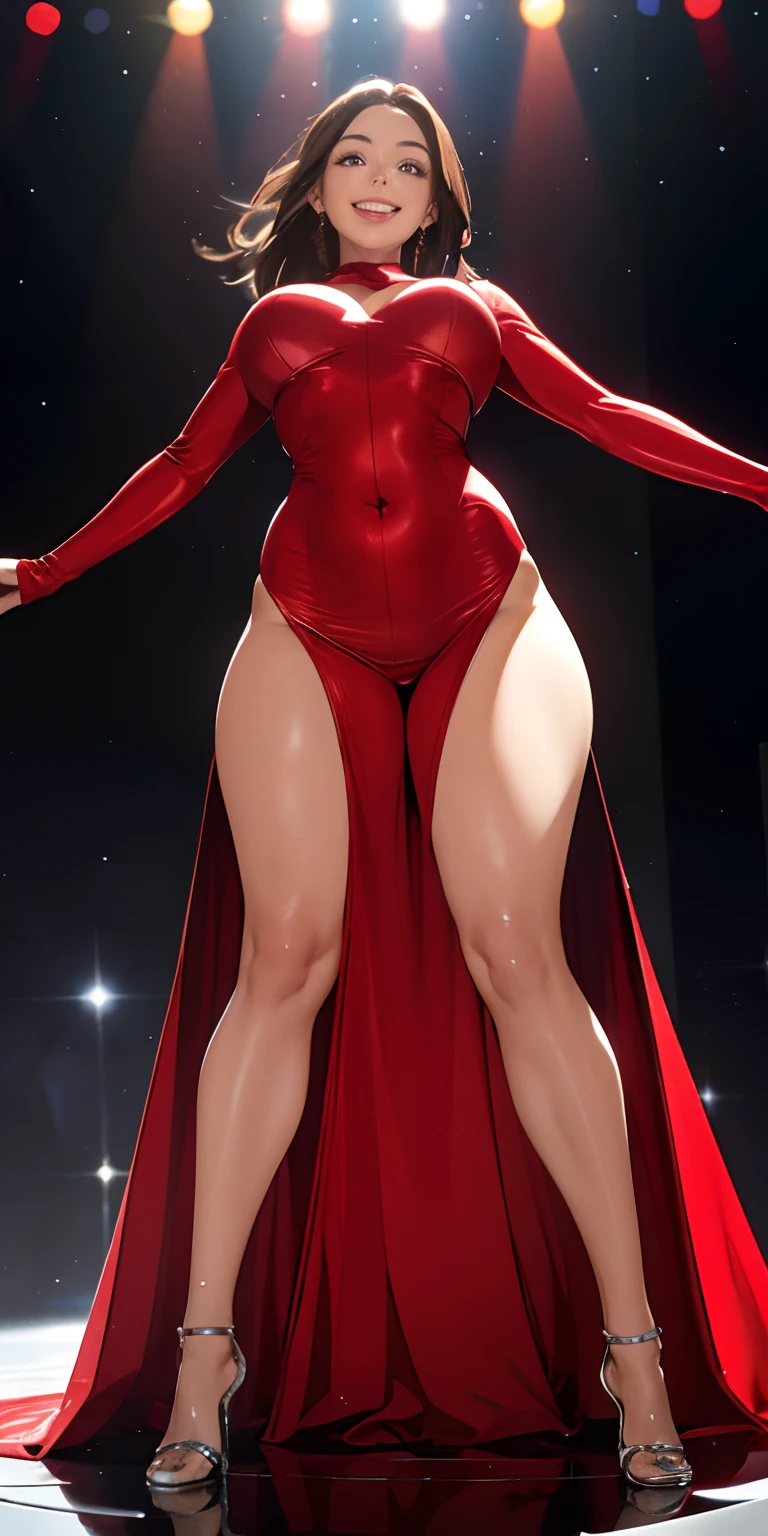 realisticlying、22-year-old girl、Real shiny face on the skin、Close-up looking up from below the person zoom、Wearing a light and tight-fitting red long dress、Emphasis on the thighs、Breasts enlarged、sexly、Face smile、stage