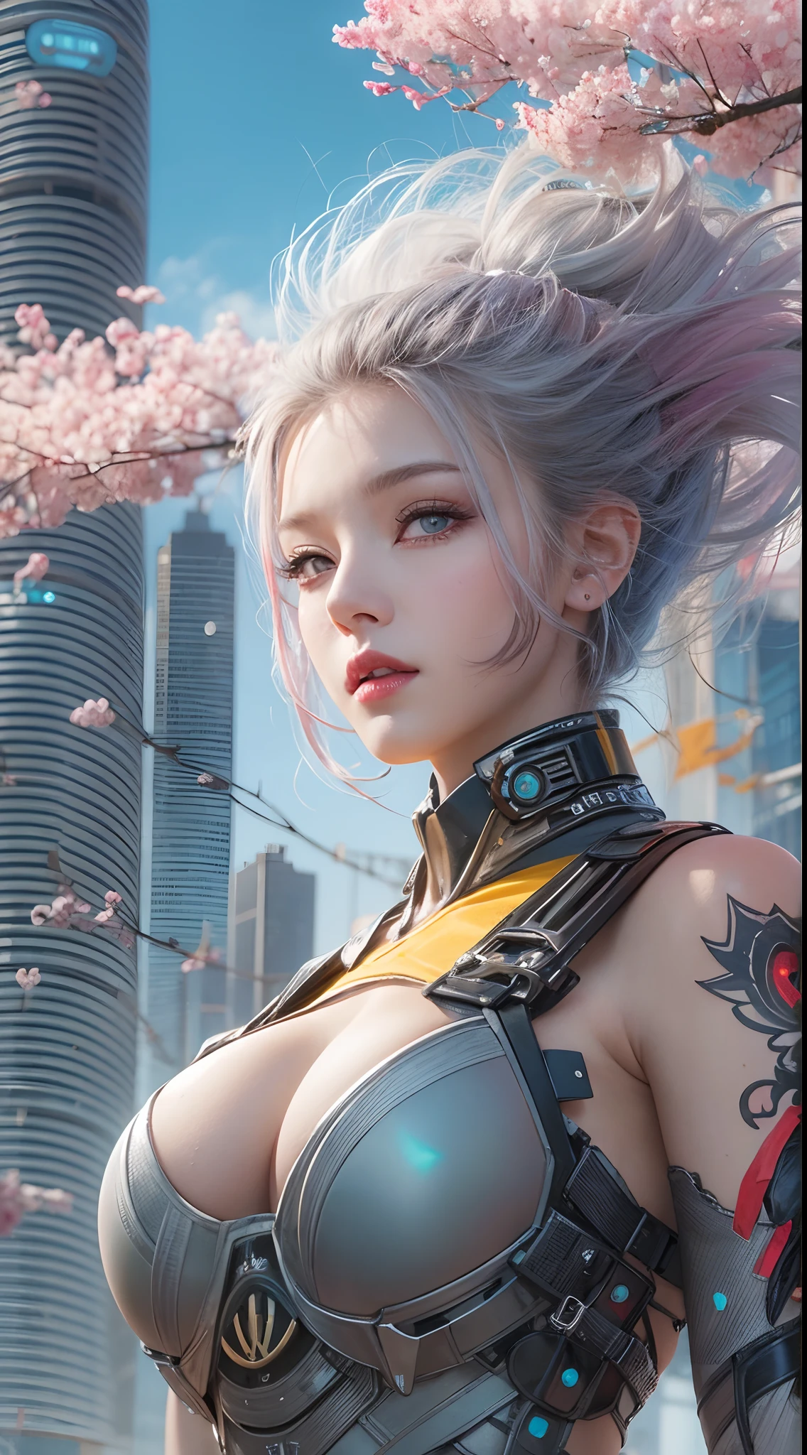 masterpiece, 1 beautiful girl, Detailed eye, Swollen eyes, top-quality, 超A high resolution, (reality: 1.4), 电影灯光, very extremely beautiful, Beautiful skins, A slender, Forward-facing body, (A hyper-realistic), (hight resolution), (8K), (ighly detailed), ( Best Illustration), (beautifully detailed eyes), (ultra-detailliert), 详细的脸, Bright lighting, Professional Lighting、the most beautiful and sexy cyberpunk girl, rainbow colored hair, yellow eyes, wearing incredibly detailed futuristic cyberpunk battle armor, huge gigantic tits, cleavage showing, tons of tattoos and piercings, in hyper futuristic city metropolis, cherry blossoms blowing in the wind, cinematic, incredibly perfect masterpiece, high quality, high resolution