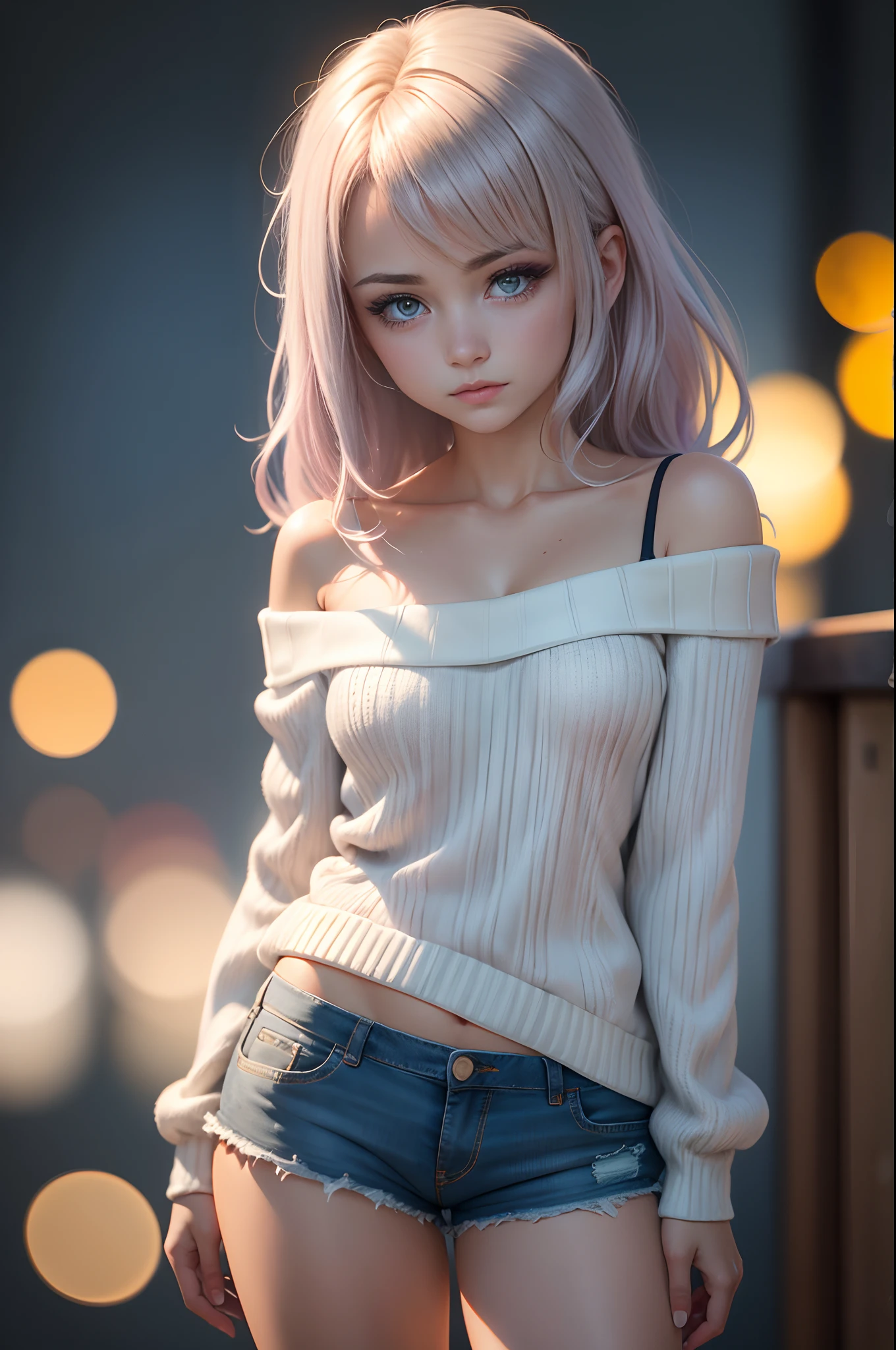 (), peitos grandes,(master part), best quality, extremamente detalhado, (Aquarela), florescer, delicado e bonito, illustration, (de baixo),(1girl:1.4), (sozinho:1.2), seios grandes, (ribbed sweater:1.3), off-shoulder sweater, (short shorts:1.2), bareshoulders, (Peito Inferior), ((pele escura:0.8)), olhos bonitos, (cabelos desgrenhados ), fotografia, tiro por cima do ombro, Directed by: Alex Maleev, profissional, Canon Camera, Nikon Camera, Sharp, Bokeh, studio quality, lente olho de peixe, Directed by: Robert Capa ,