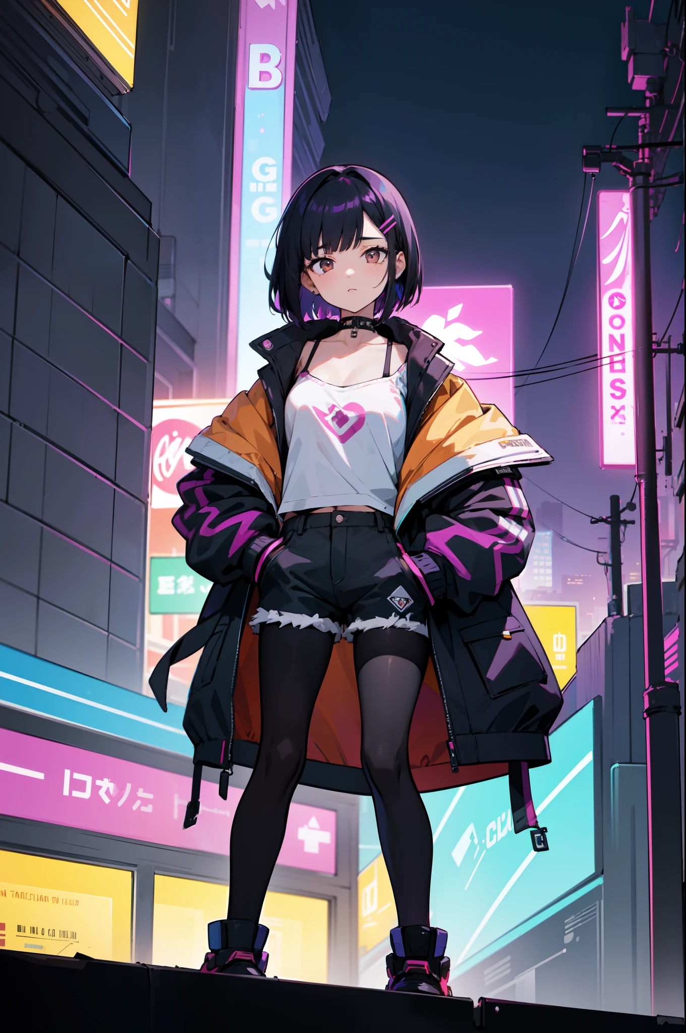 1girl, solo, , (black hair), (colored inner hair, purple hair), straight hair, bob cut, short hair, messy hair, assymmetrical hair, bang pinned back, hairclip, brown eyes, calm behaviour, inexpressive, medium breasts, choker, white camisole, black fabric shorts, (pantyhose:1.1), jacket, big jacket, thighs, (hands on pockets), night city, cyberpuk, colorful, beautiful, ((neon lights)), masterpiece, best quality, 4k