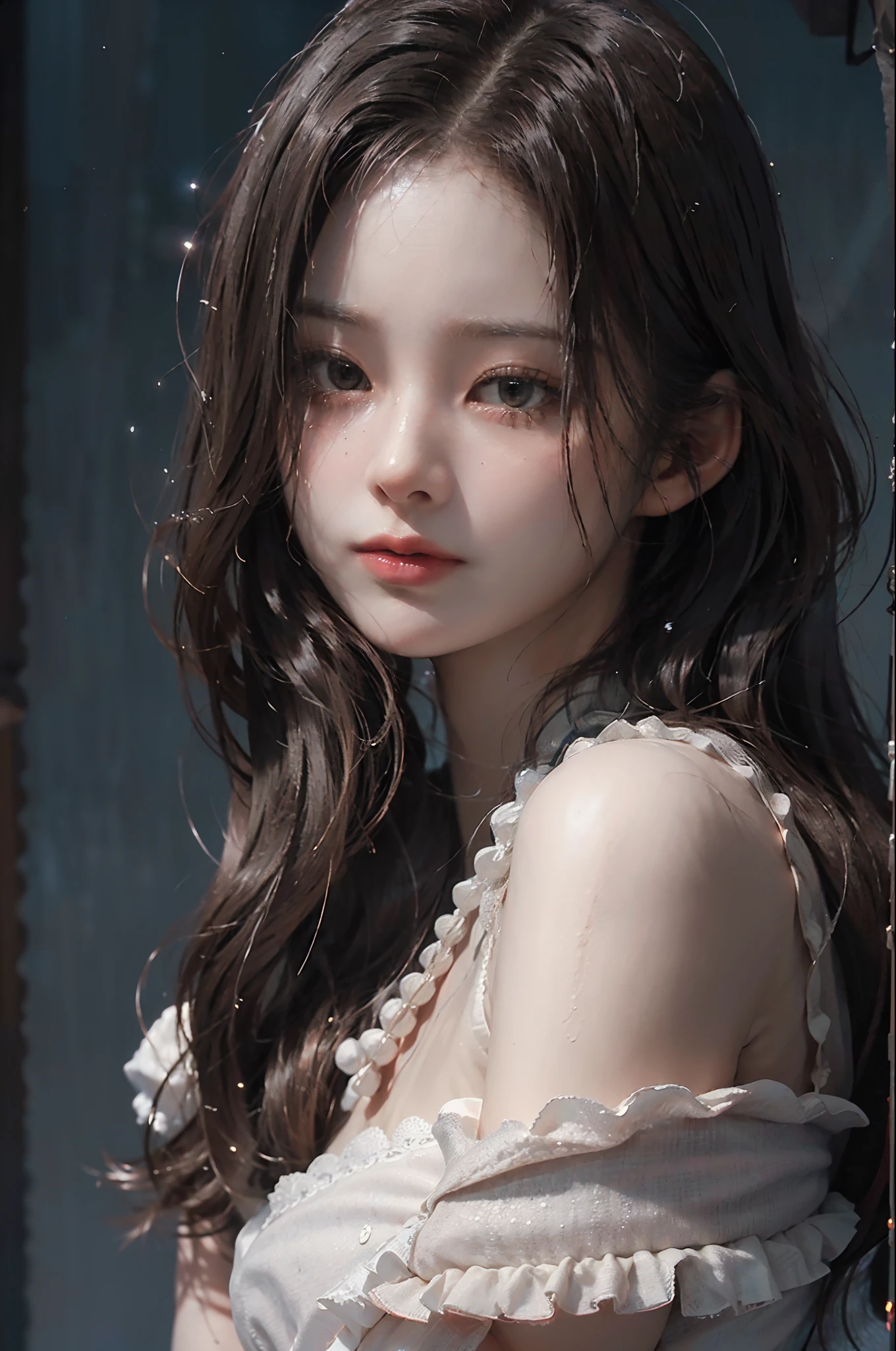 (RAW photo, best quality), ((Nostalgia,1980s syle)),(A girl with a literary atmosphere:1.2),(realistic, photo-realistic:1.3), extremely delicate and beautiful, Amazing, finely detail, masterpiece, ultra-detailed, highres,best illustration, best shadow,intricate,depth of field,(closeup portrait of a young beautiful woman:1.2),long hair,messy hair,((((low key,dark scene,dimly lit)))),(((soft lighting:1.4))),(pale skin:1.4),(shy smile),(cinematic angle),sharp focus, volumetric fog, 8k UHD, DSLR, high quality,( film grain:1.4), Fujifilm XT3,(looking at viewer), pale skin