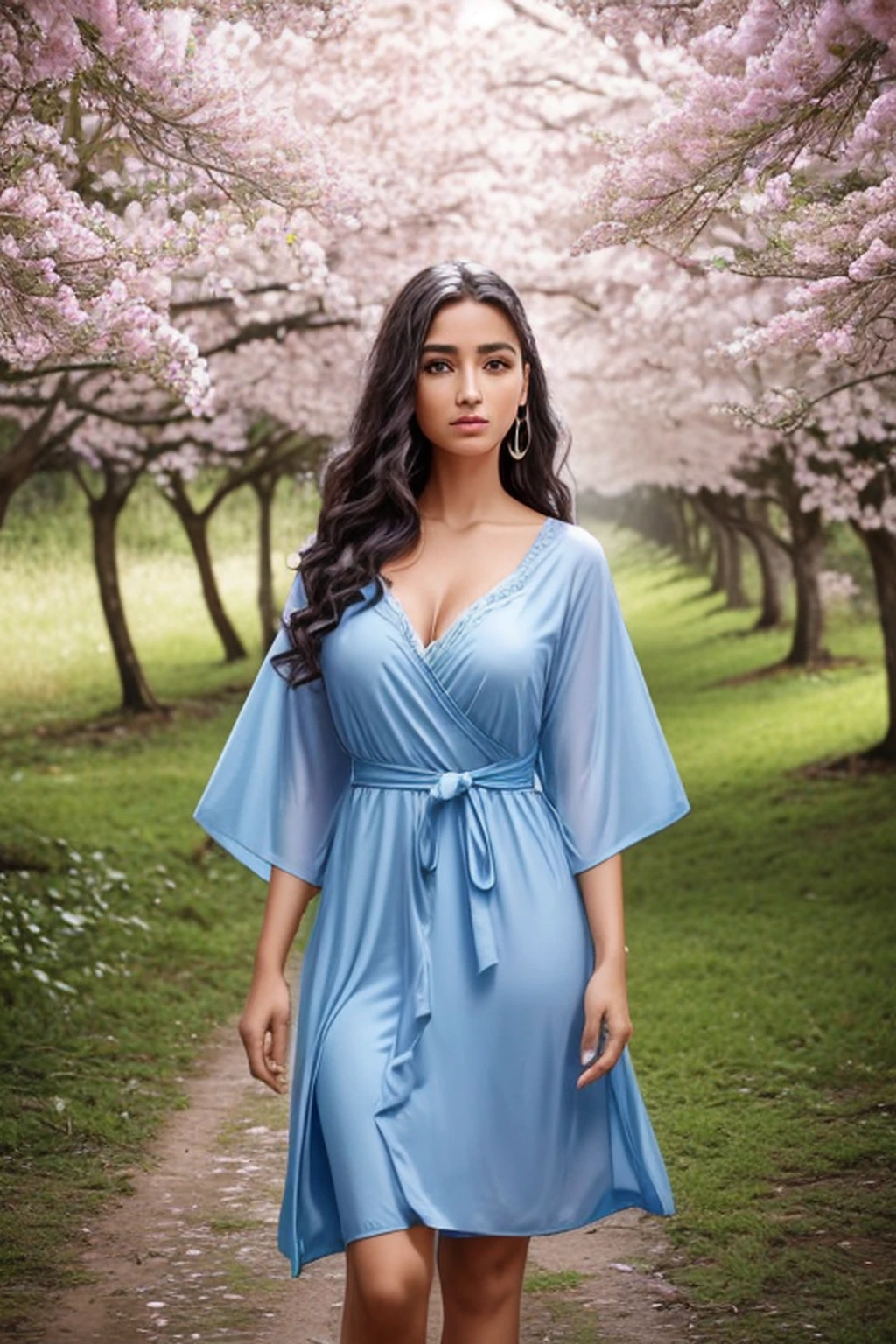 A woman in a light pink dress standing in a cherry forest, Artgerm, paisagem realista, Artgerm detalhado, olhos perfeitos, rosto perfeito, Ultra Detalhado, tiro de corpo inteiro, (Skindentation: 1.5), realista, realista, (obra-prima: 1.5), arte conceitual, detalhes intrincados, altamente detalhado, realista, octane rendering, 8K, motor irreal, dinamic pose, melhor qualidade, alta resolução, (rosto realista: 1.1), (hiper-realismo: 1.1) , ((full_body)), olhos perfeitos, (pele brilhante: 1.2), ((penteado))), ((perfect hands))), (fundo muito detalhado), ((dynamic background), ((rain day), (cerejeiras), ((1girl)), Vestindo um manto, (((Manto de fluxo))), ((Olhos detalhados, Olhos de alta qualidade, Rosto de alta qualidade)), vestido azul claro extremamente complexos, magical robes), magia, (dramatic), epic, campo de flores, profundidade de campo, bokeh, 4k, gotica, cinzas, particules.