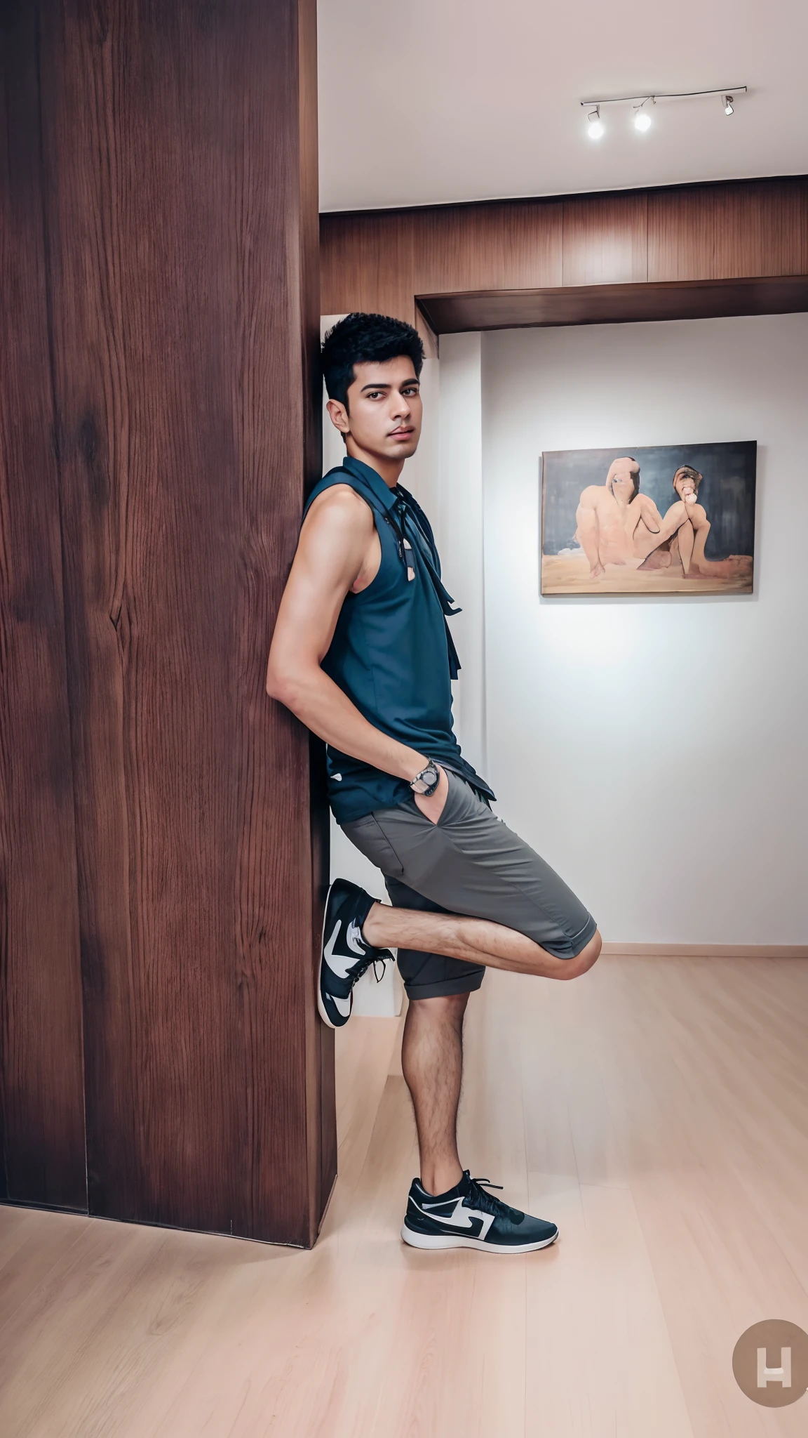 There is a man standing in a room with a wooden wall, very artistic pose, full body photogenic shot, inspirado em Saurabh Jethani, artistic pose, com uma pose cool, inspirado em Adam Dario Keel, pose atraente, Pose distorcida, Pose casual, an artistic pose, pose estilosa, Pose legal, em uma galeria de arte], fazendo uma pose majestosa quente