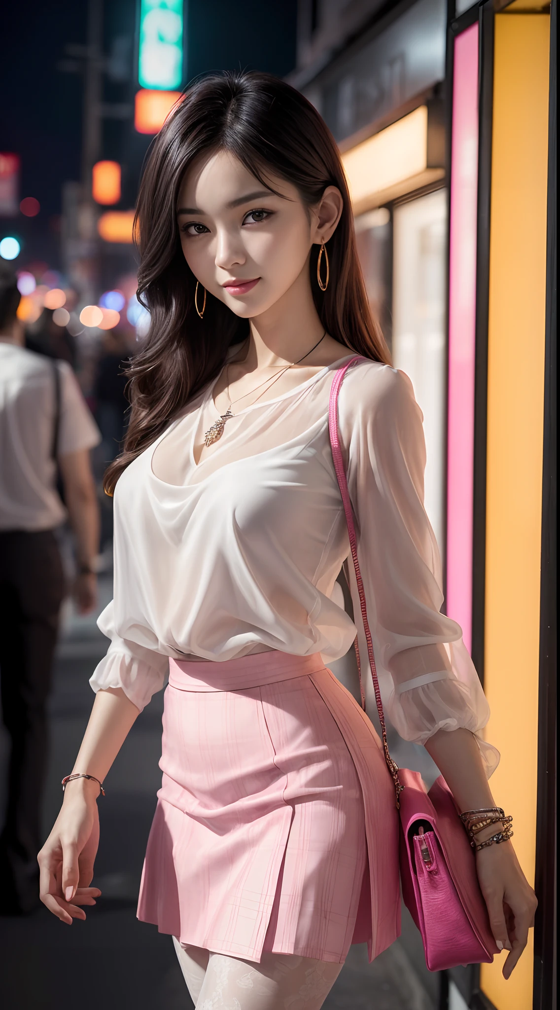 8k, masterpiece, RAW photo, best quality, photorealistic, extremely detailed CG unity 8k wallpaper, Depth of field, Cinematic Light, Lens Flare, Ray tracing, (extremely beautiful face, beautiful lips, beautiful eyes), intricate detail face, ((ultra detailed skin)) 1girl, in the dark, deep shadow, pretty korean girl, kpop idol,(very slim slender fit-muscled body:1.3), ((looking at viewer)),(big smile:1.3), (night, (neon sign), (blurry background), midnight, (without people in the background:1.3), pretty korean girl, white diamond earrings, bracelets, necklace, pantyhose, clear eyes, walking , front shot, (pale skin), face forward, (big eyes), full body shot, ((see through blouse)), (hot pink color blouse)), ((laced skirt)), (looking at viewer:1.3), very slim, medium breasts, Hermes bag, plaid mini skirt