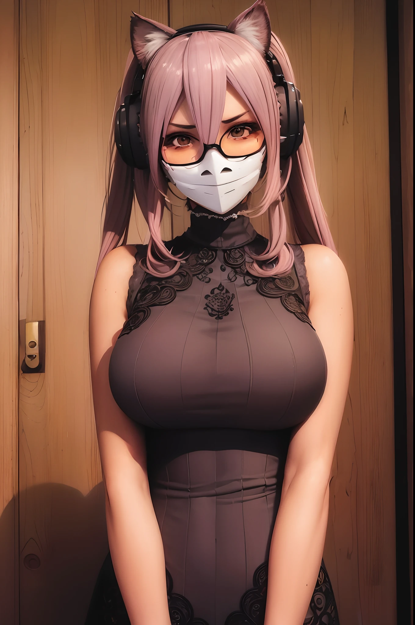 Black mask for the face,Koyanskaya,Non-NSWF,Pink hair,masterpiece of best quality, 1girl in, 独奏, looking at the viewers, a navel,super gigantic breast,very large breast,ultra gigantic tits, cleavage of the breast, red blush ,1 girl, Large breasts, cleavage, Facing the audience, Very big, (Large valleys), (large sagging breasts), in hotel, Sexy, Glamorous, Body wet with white liquid