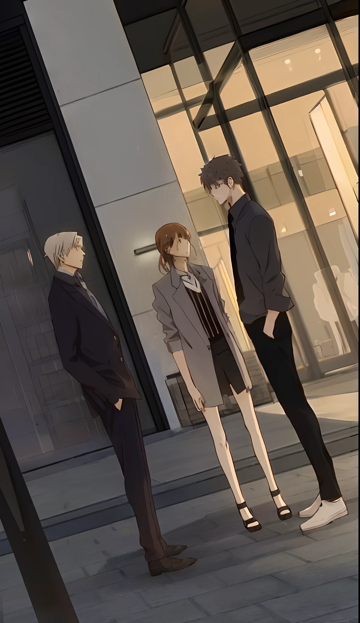 anime characters standing in front of a building with a man in a suit, today's featured anime still, still from tv anime, still from anime, screenshot from the anime film, style of red line anime movie, in the anime film, sankakucomplex anime image, anime still, anime film still, slice of life anime, tokyo anime scene