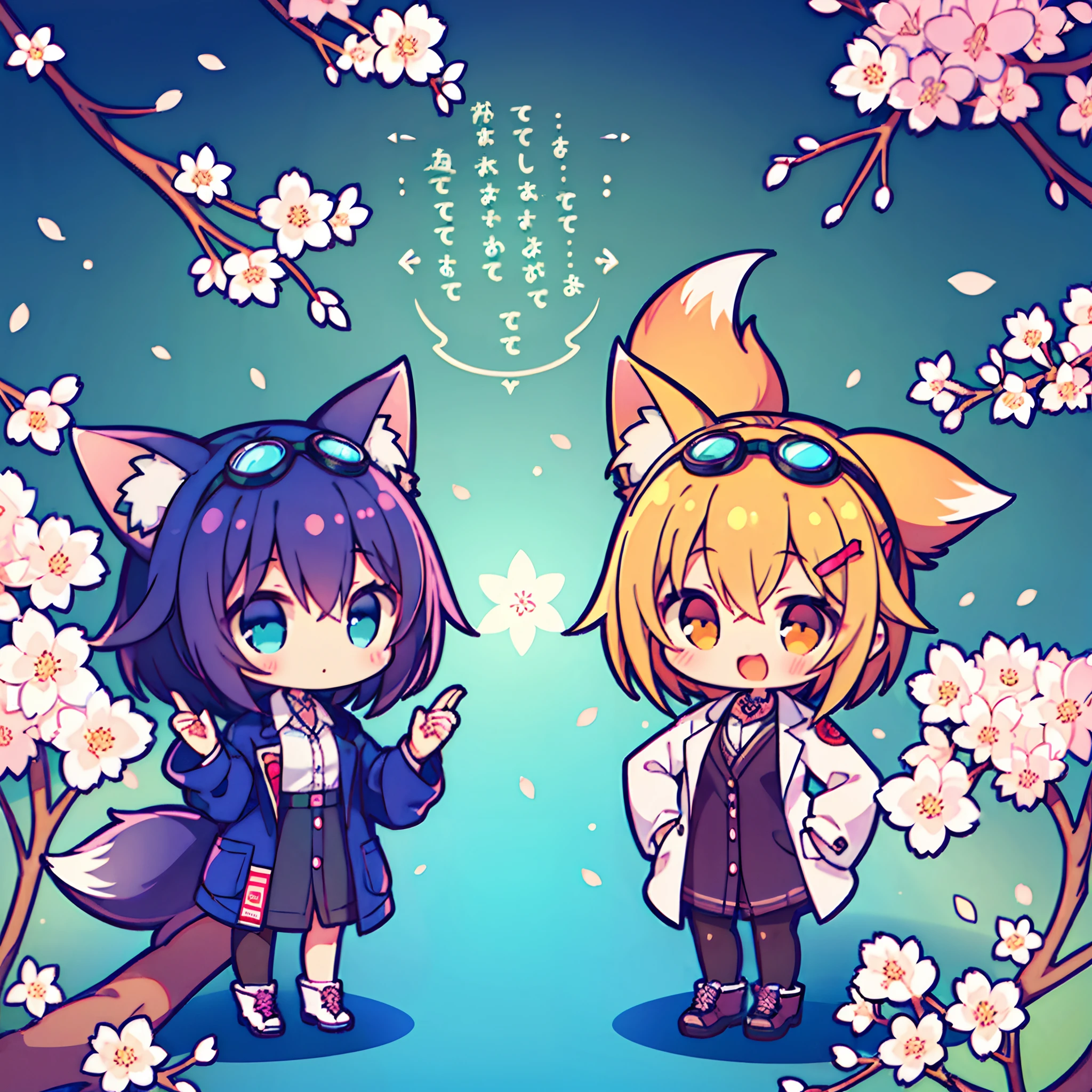 (2 girls) The cutest chibi fox scientist girls, wearing highly detailed lab coats and goggles, tattoos and piercings, finely detailed graffiti background, cherry blossoms blowing in the wind, perfect masterpiece, high quality, high resolution