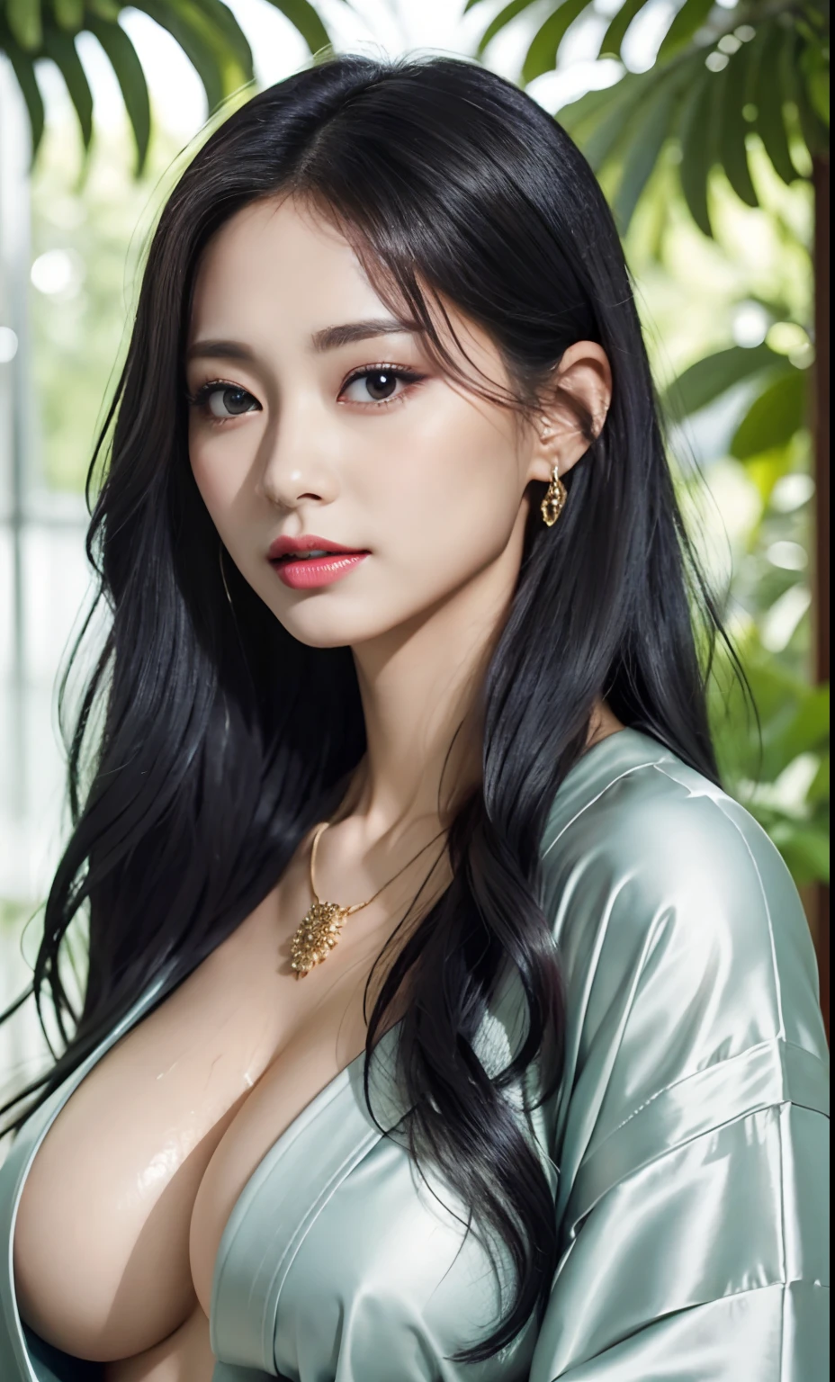Photorealsitic、perfect hand、Gorgeous girl、a beauty girl、perfect hand、5 fingers、(Photorealsitic:1.4), (Top image quality:1.0), (超A high resolution:1.0), 8K、Japan 0.1 : Korean 0.1 :American 0.3 、（（  perfect  eyes、Perfect mouth、Symmetrical eyes、））Raw photography, (​masterpiece:0.2), (Pure Eros is faced with huge breasts、Too large breasts、Chest protruding from kimono、Right and left eyes are the same size、Left and right symmetrical eyes、long lashes、Dark lashes、Beautie、I'm wet、Wet body、High resolution, 1 femalehigh-resolution, 1womanl, look at viewr, (Detailed face), Luxury kimono、Luxurious Jewelry、