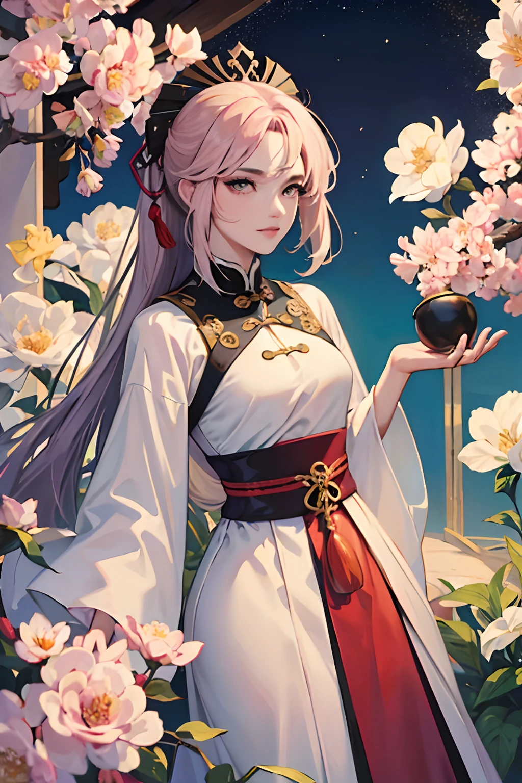 master part, Melhor, Noite, lua cheia, 1 female, mulher ura, Chinese style, China antiga, older sister, royal sister, cara fria, no expression, Mulher de cabelos longos brancos prateados, pale pink lips, calmo, Intelectual, Three belts, Hitomi cinza, Assassino, adaga, Fundo da bola da flor, vista para a rua