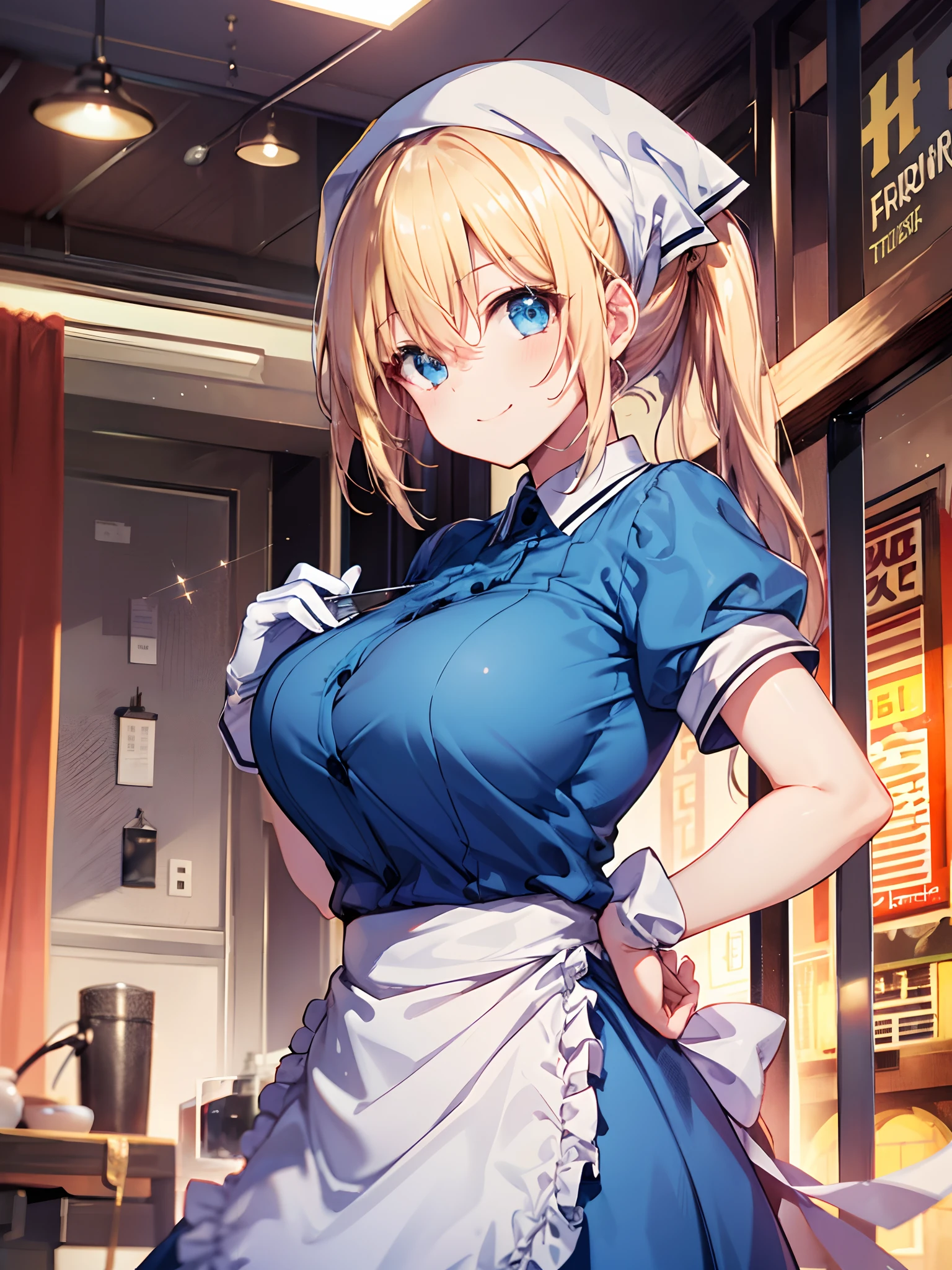 1girl in, (Chiquita:1.2), Kaho Hyuga, a blond, Twin-tailed, head scarf, woman samurai, frilld, Blue shirt, Waist apron, Puffy Short Sleeves, blueskirt,  white glove, large boob, 

(Close Shot, Best Quality, hight resolution, 4K, Detailed Lighting, Shaders, perfect anatomia), 
Looking at Viewer, 
Smiling,