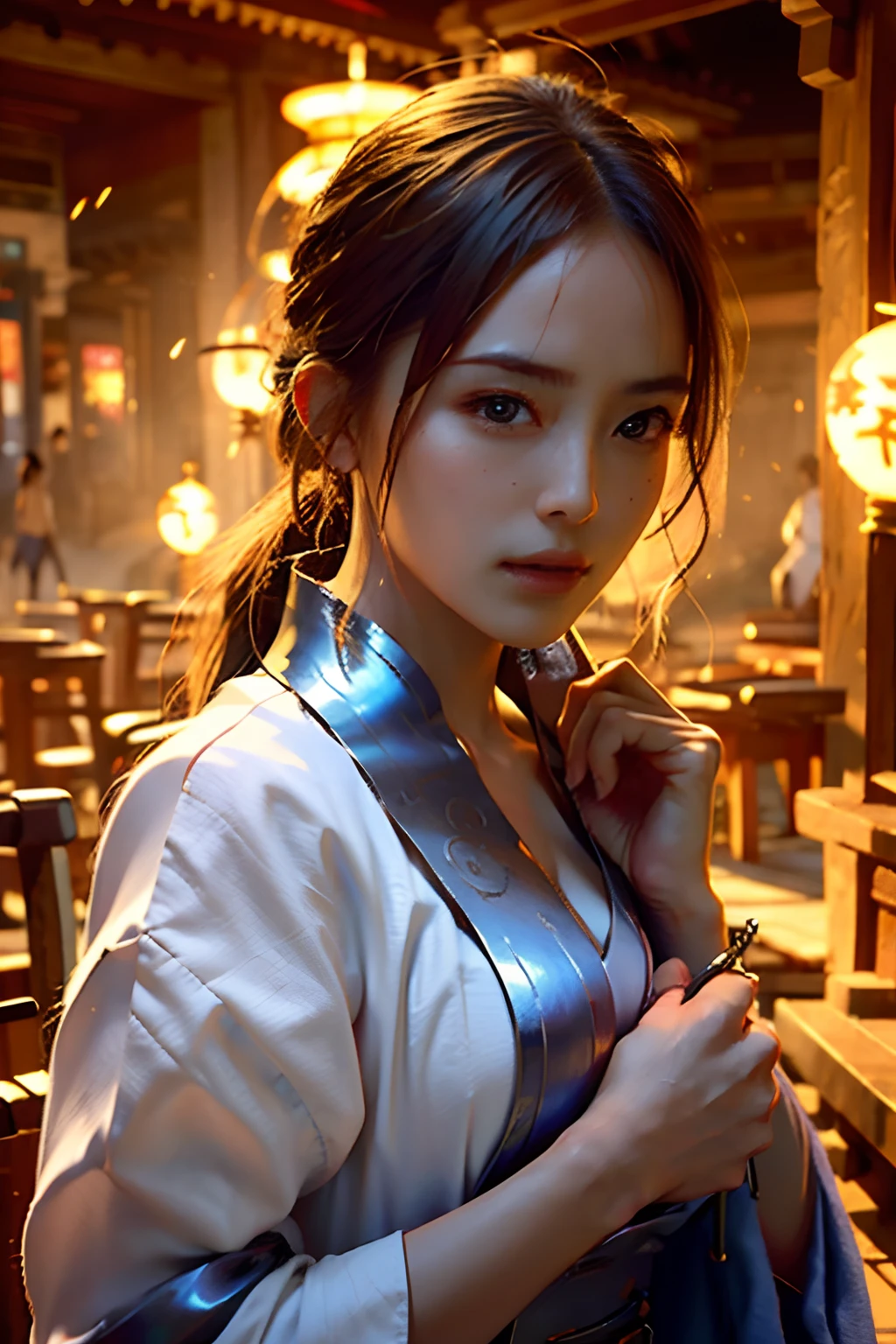 Best quality,masterpiece,ultra high res,(photorealistic:1.4),xiuxian,weapon,Detailed face,
1girl,solo,weapon,cleavage,(magic circle:1.2),xiuxian,upper body,Beautiful girl,full body,east asian architecture,sheath,architecture,