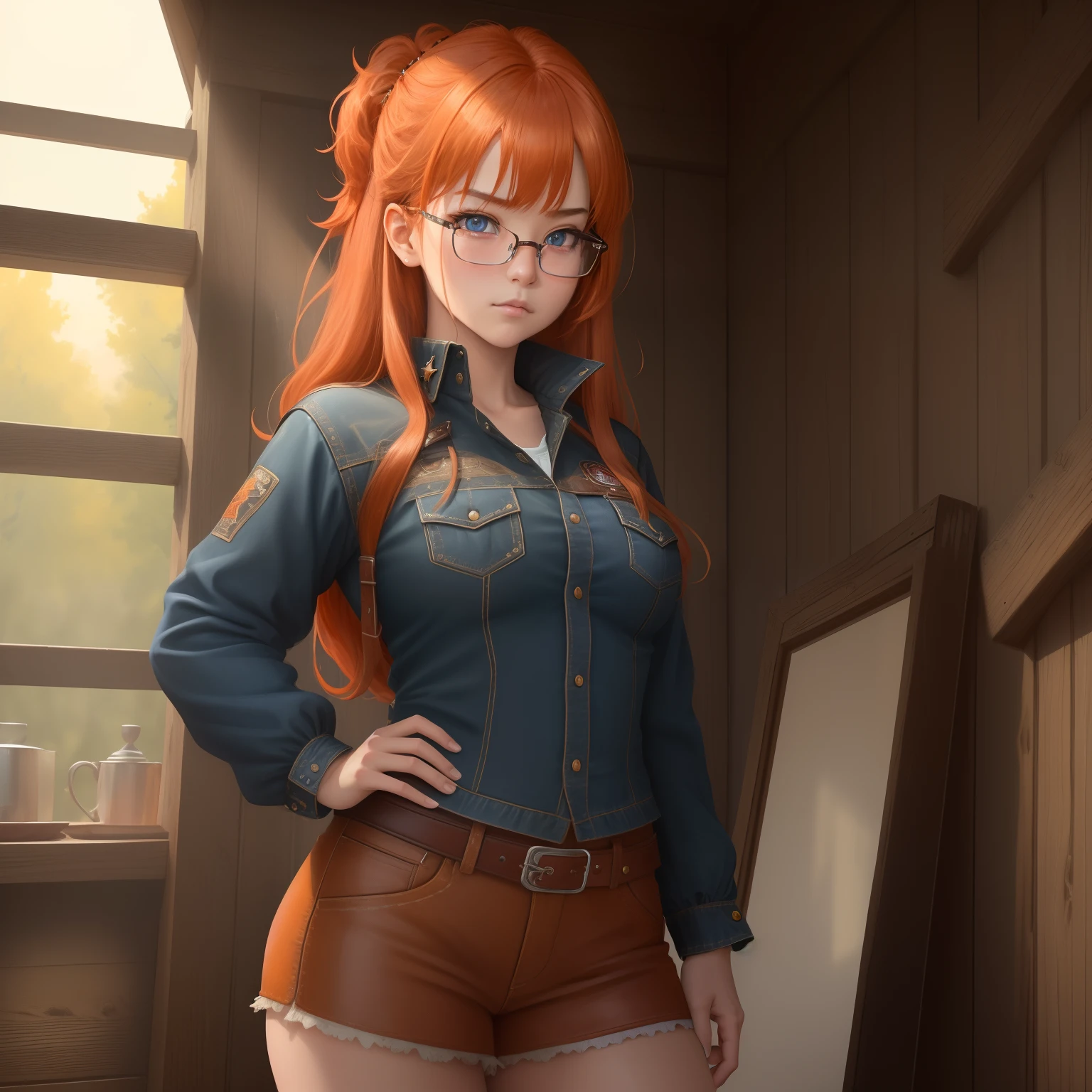 8k, masterpiece, best quality, realistic, higly detailed, cowboy shot, 1girl, solo, itsuki, serious looking girl, medium-length hair, expressive ahoge, reddish-orange hair, a pair of star-shaped hairpins near both of her eyes, dark blue eyes, average height, well-endowed figure, glasses, cute, biker