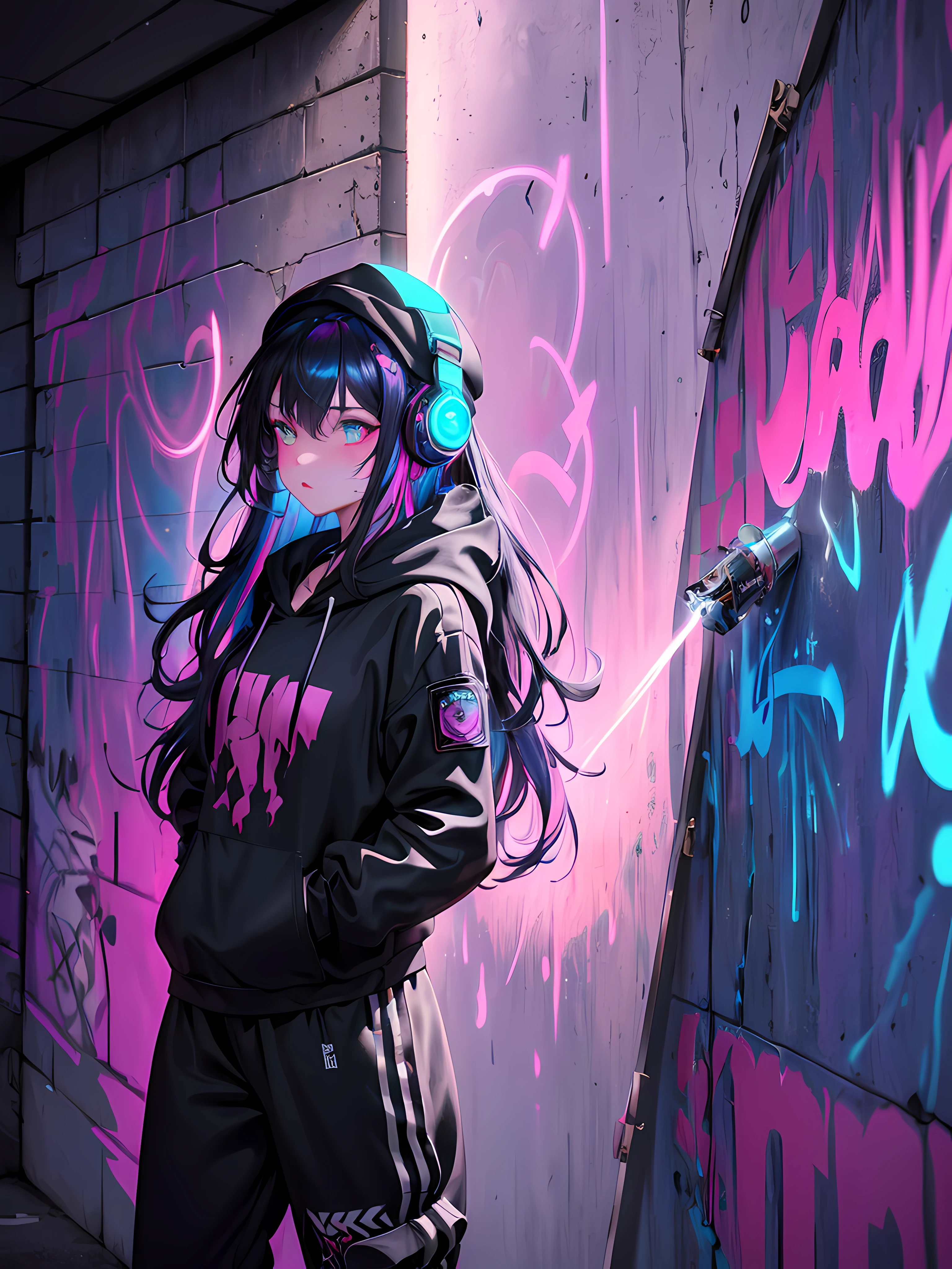(Masterpiece:1.2), best quality, (illustration:1.2), (ultra-detailed),Eye focus,(Masterfully crafted Glow, pink lens flare), (Cinematic background), hyper details,(delicate detailed), (intricate details), octane render, hdr, (hyperdetailed:1.15), (((colourful))),(soft light:1.2), 1girl, beautiful girl, ultra detailed eyes, mature, plump, thick, rainbow painting drops, paint teardrops, woman made up from paint, entirely paint, splat, splash, (outside), (bioluminescent hair:1.1),(glowing eyes), ((makeup)),(Cinematic masterpiece), fierce, powerful, splashes of colour absolutely eye-catching, (Cinematic headlight), (realistic bounce lighting:1.2),((caustic)), dynamic angle, beautiful detailed glow, ambient occlusion, ambient light, raytraced reflections,(best illumination, an extremely delicate and beautiful), ((cinematic light)), (soft:2), (whimsical:2) , intricate background, vibrant, dreamscape, (painting graffiti:1.3), (glowing tail), (painted city landscape), (Urban),(realistic urban fashion), (expressive:1.2), good form, athletic , (mirrored world), (long flowing black hair:1.1), wavy hair, (colourful hair highlights),(Cyberpunk Techwear Japanese Streetwear Longline Hoodie),(Cyberpunk Streetwear Kanji Joggers), glowing headphones, beanie, (graffiti wall), unfinished graffiti, ghetto,(looking at wall:2),black hoodie, (backwall present),(holding spraycan:1.3), (colourful mist), buckles, belts, straps, a girl standing in front of a graffiti wall, cyberpunk art, by LAM, Mika Pikazo, graffiti, techwear jacket, black gloves, with buckle and tape