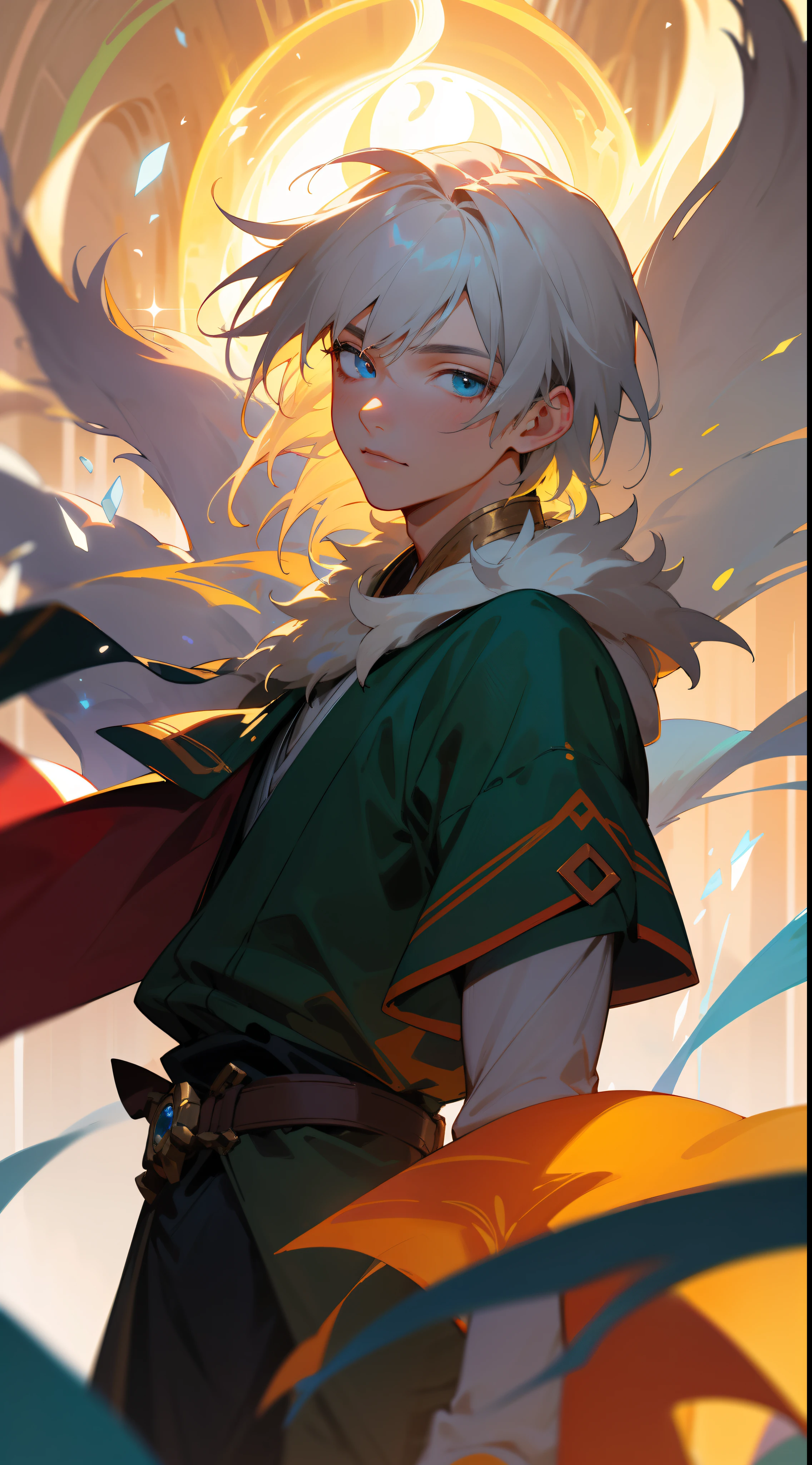 (best quality,4k,8k,highres,masterpiece:1.2),ultra-detailed,(realistic,photorealistic,photo-realistic:1.37),A blue-eyed white-haired boy and his sacred Fox Spirit explorers on an epic journey through a world of magic and wonder. Their dynamic background, filled with enchanting landscapes, towering mountains, and lush forests, creates an air of mystery and adventure. The gentle glow of the setting sun casts golden hues upon the vibrant scenery, highlighting the extraordinary bond between the boy and his mythical companion. Intricate details bring their features to life, showcasing the boy's expressive eyes, with hues of sapphire reflecting his inquisitive spirit, and the Fox Spirit's ethereal presence, adorned with shimmering fur of purest white. As they traverse through ancient ruins and hidden realms, the subtle interplay of light and shadow illuminates every contour, revealing the intricate textures of their magical surroundings. The boy's eyes radiate wisdom and determination, while the Fox Spirit exudes an aura of ancient wisdom and resilience. Together, they embark on a captivating journey, unraveling the secrets of the magical realm they call home. Colors blend harmoniously, from the vibrant greens of nature to the soft purples of twilight, creating a visual symphony that captivates the viewer's imagination.