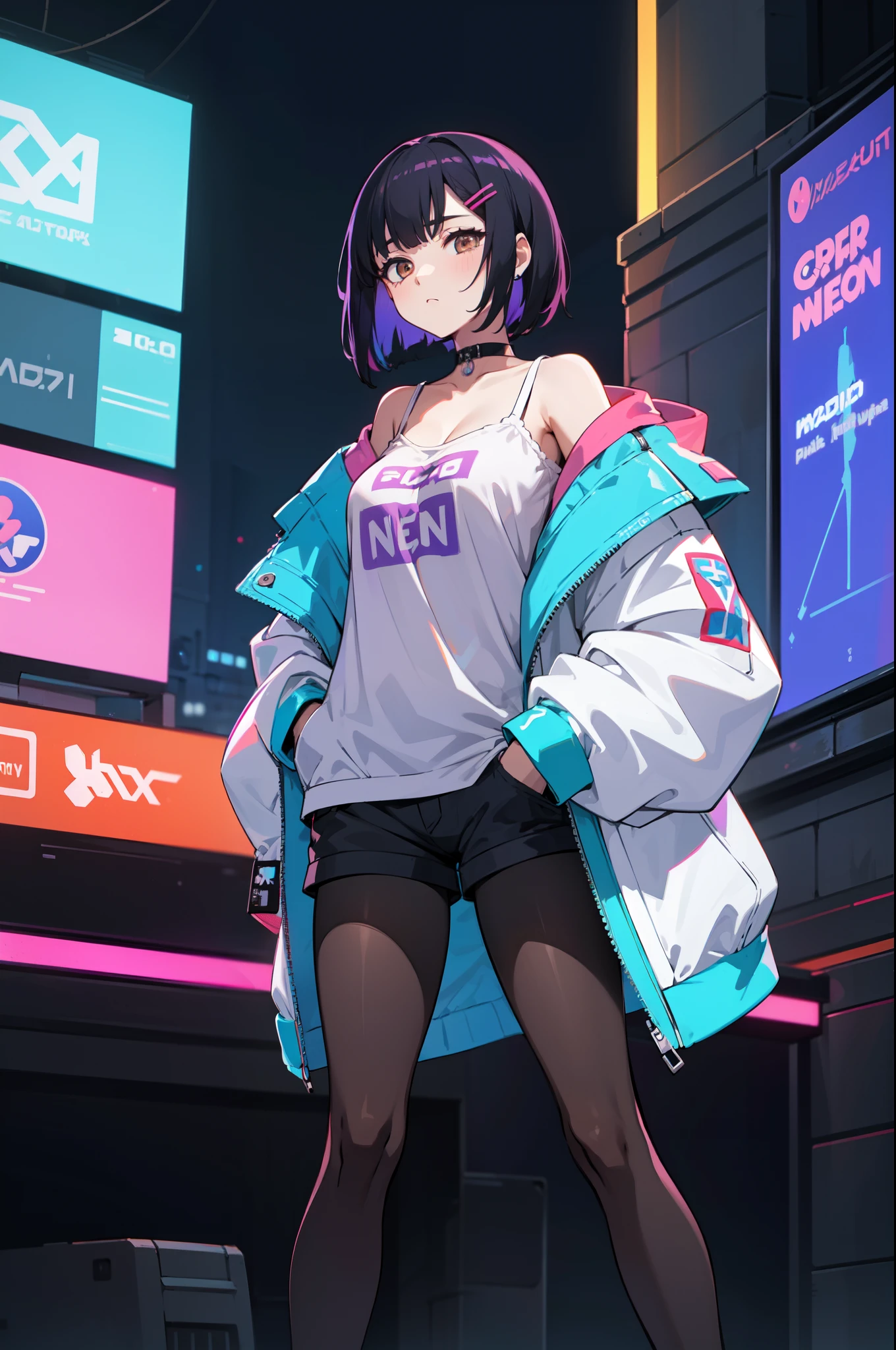 1girl, solo, , (black hair), (colored inner hair, purple hair), straight hair, bob cut, short hair, messy hair, assymmetrical hair, bang pinned back, hairclip, brown eyes, calm behaviour, inexpressive, medium breasts, choker, white camisole, black fabric shorts, (pantyhose:1.1), jacket, oversized jacket, thighs, (hands on pockets), night city, cyberpuk, colorful, beautiful, ((neon lights)), masterpiece, best quality, 4k