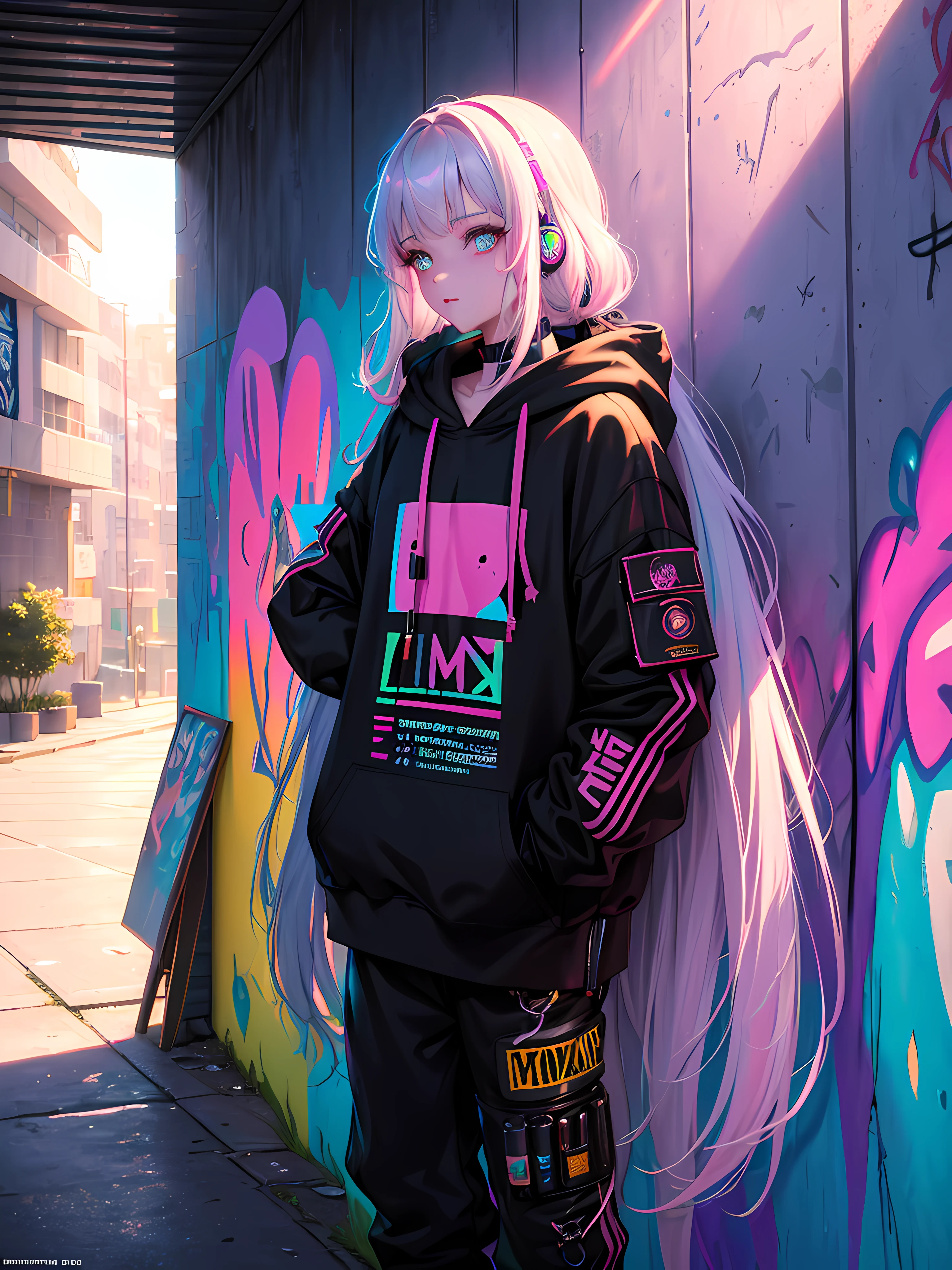 (Masterpiece:1.2), best quality, (illustration:1.2), (ultra-detailed),Eye focus,(Masterfully crafted Glow, pink lens flare), (Cinematic background), hyper details,(delicate detailed), (intricate details), octane render, hdr, (hyperdetailed:1.15), (((colourful))),(soft light:1.2), 1girl, beautiful girl, ultra detailed eyes, mature, plump, thick, rainbow painting drops, paint teardrops, woman made up from paint, entirely paint, splat, splash, (outside), (bioluminescent hair:1.1),(glowing eyes), ((makeup)),(Cinematic masterpiece), fierce, powerful, splashes of colour absolutely eye-catching, (Cinematic headlight), (realistic bounce lighting:1.2),((caustic)), dynamic angle, beautiful detailed glow, ambient occlusion, ambient light, raytraced reflections,(best illumination, an extremely delicate and beautiful), ((cinematic light)), (soft:2), (whimsical:2) , intricate background, vibrant, dreamscape, (painting graffiti:1.3), (glowing tail), (painted city landscape), (Urban),(realistic urban fashion), (expressive:1.2), good form, athletic , (mirrored world), (long flowing black hair:1.1), wavy hair, (colourful hair highlights),(Cyberpunk Techwear Japanese Streetwear Longline Hoodie),(Cyberpunk Streetwear Kanji Joggers), glowing headphones, beanie, (graffiti wall), unfinished graffiti, ghetto,(looking at wall:2),black hoodie, (backwall present),(holding spraycan:1.3), (colourful mist), buckles, belts, straps, a girl standing in front of a graffiti wall, cyberpunk art, by LAM, Mika Pikazo, graffiti,  techwear jacket, black gloves, with buckle and tape