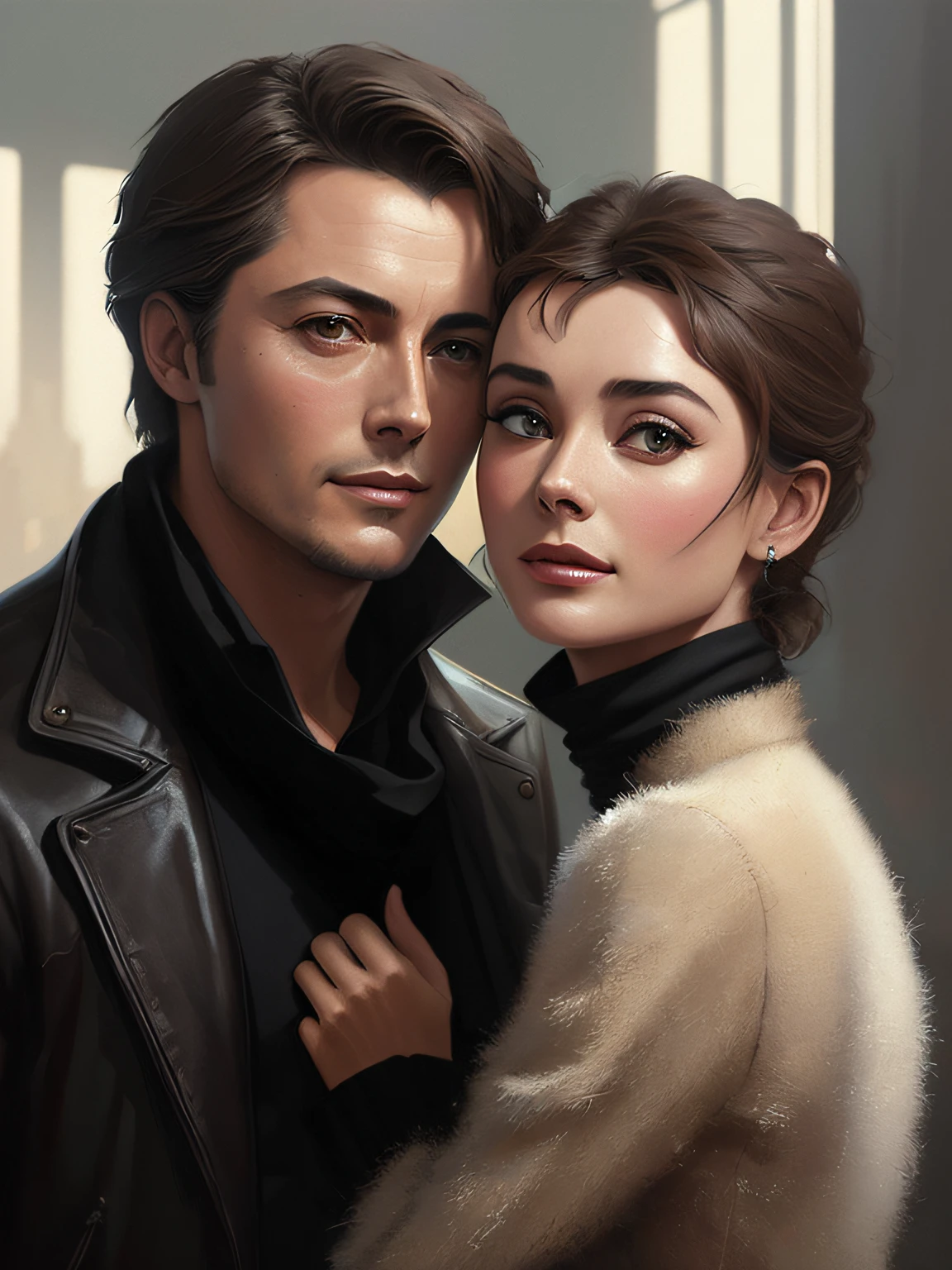 Alain Delon and Audrey Hepburn hugged and looked at each other, efeito VHS, (poster: 1.2), ( roupa elegante: 1.2), (corpo inteiro), (Postmodern Fashion Style), (Cyberpunk), poster on the wall, nostalgia, Poster do filme O Eclipse,, (textura da pele), intricadamente detalhado, detalhes finos, hiperdetalhado, ray tracing, subsurface dispersion, lighting soft fuzzy, profundidade de campo rasa , por (Clima Oliver) majestic professional oil painting by Ed Blinkey, Atey Ghailan, ghibli studio, de Jeremy Mann, Greg Manxadinho, Antonio Moro, trending in the artstation, trend at CGSociety, intrincado, alto detalhe, foco nítido, dramatic and photorealistic painting art of (Greg Rutkowski:1.4), Bokeh,