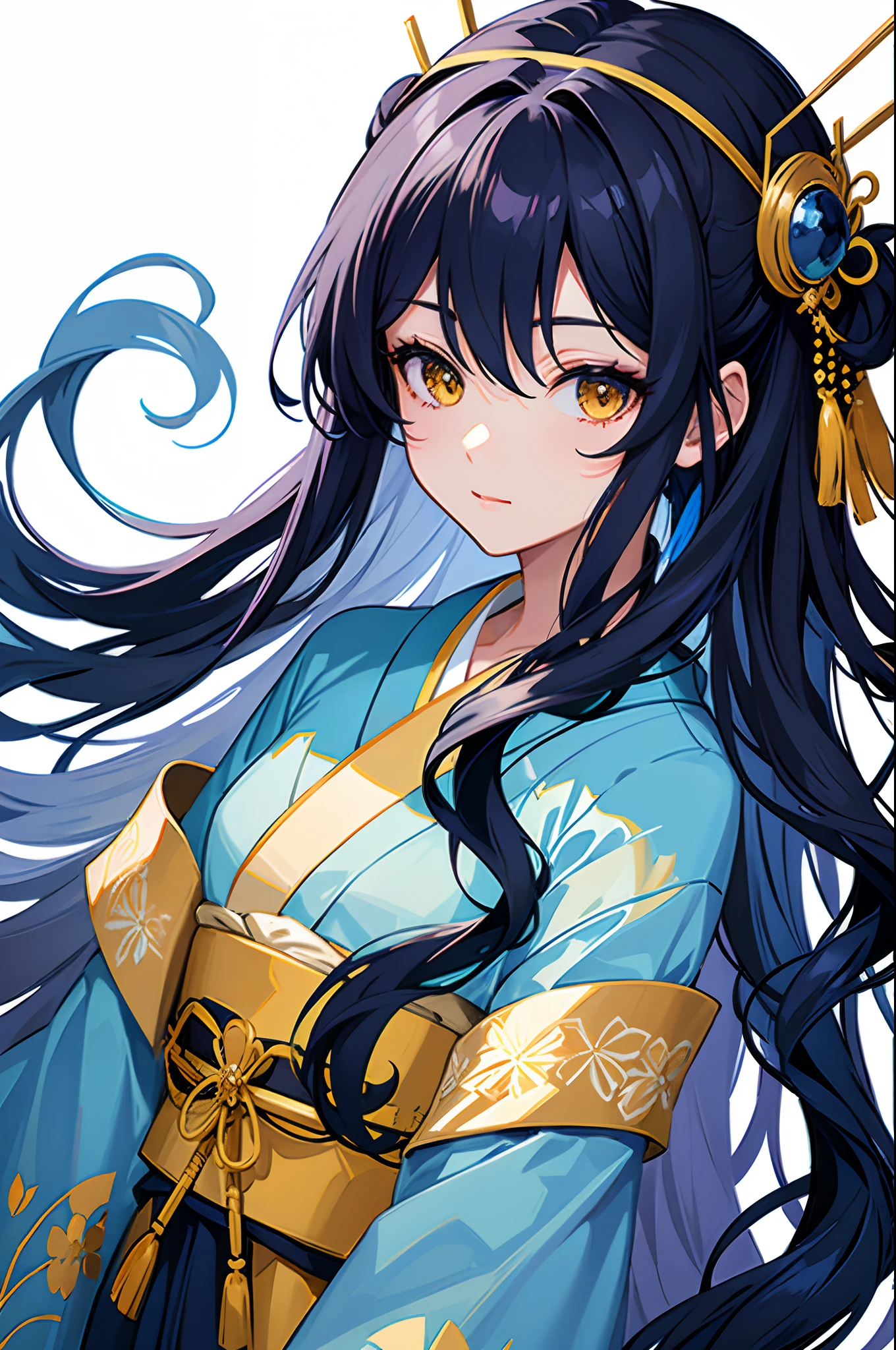 Masterpiece, dark blue long-haired beauty, absolutely beautiful, hair accessories, wearing simple kimono, light color kimono, yellow eyes, long eyelashes, withered petals, beautiful, charming, perfect, super clear, HD, light blue background, solo, 1girl, soft smile,