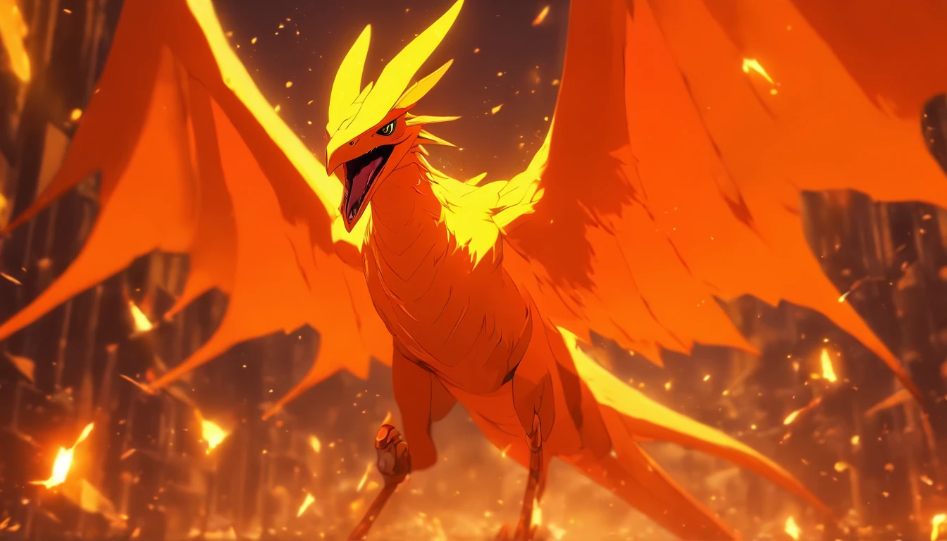 Pterodactyl, luminescent orange, surrounded by a glowing orange-yellow shield, Blade Ward, masterpiece, best quality