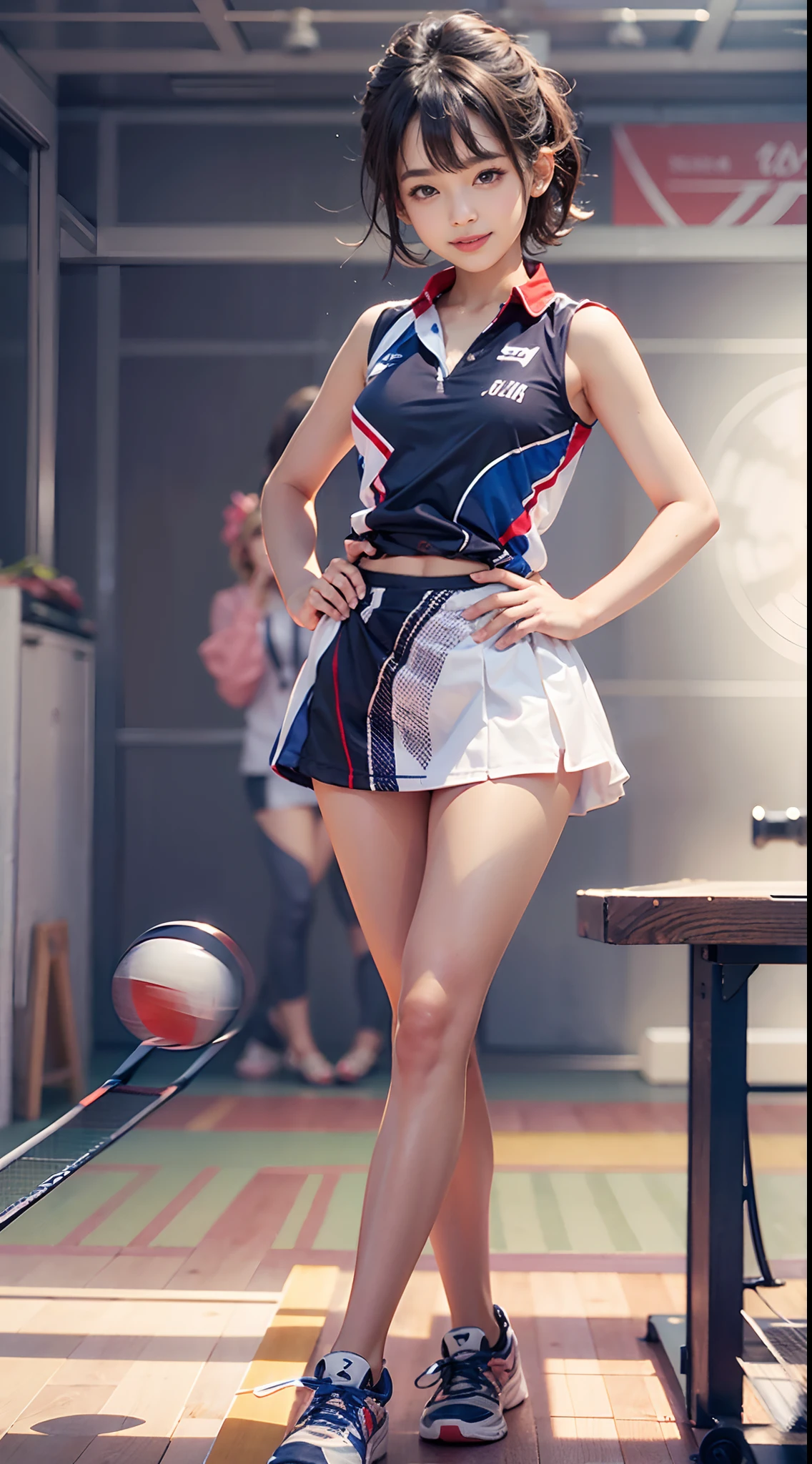 (NSFW), 1womanl, Solo, 24 year old, 7headed body, (cute face), (Ideal ratio body proportions), ((Composition from head to thigh)), Table tennis hall, Table Tennis Uniforms, table tennis, Sleeveless, a miniskirt, erectile nipple, Cameltoe, Sexy body, Wet, Smiling smile, short-hair, Dark hair, small tits, A slender, Small buttocks, beauty legs, Skinny Legs, surrealism, Cinematic lighting, depth of fields, One-person viewpoint, F/1.8, 135 mm, nffsw, masutepiece, ccurate, ((Anatomically correct)), Textured skin, Super Detail, high details, High quality, awardwinning, Best Quality, hight resolution, 8K