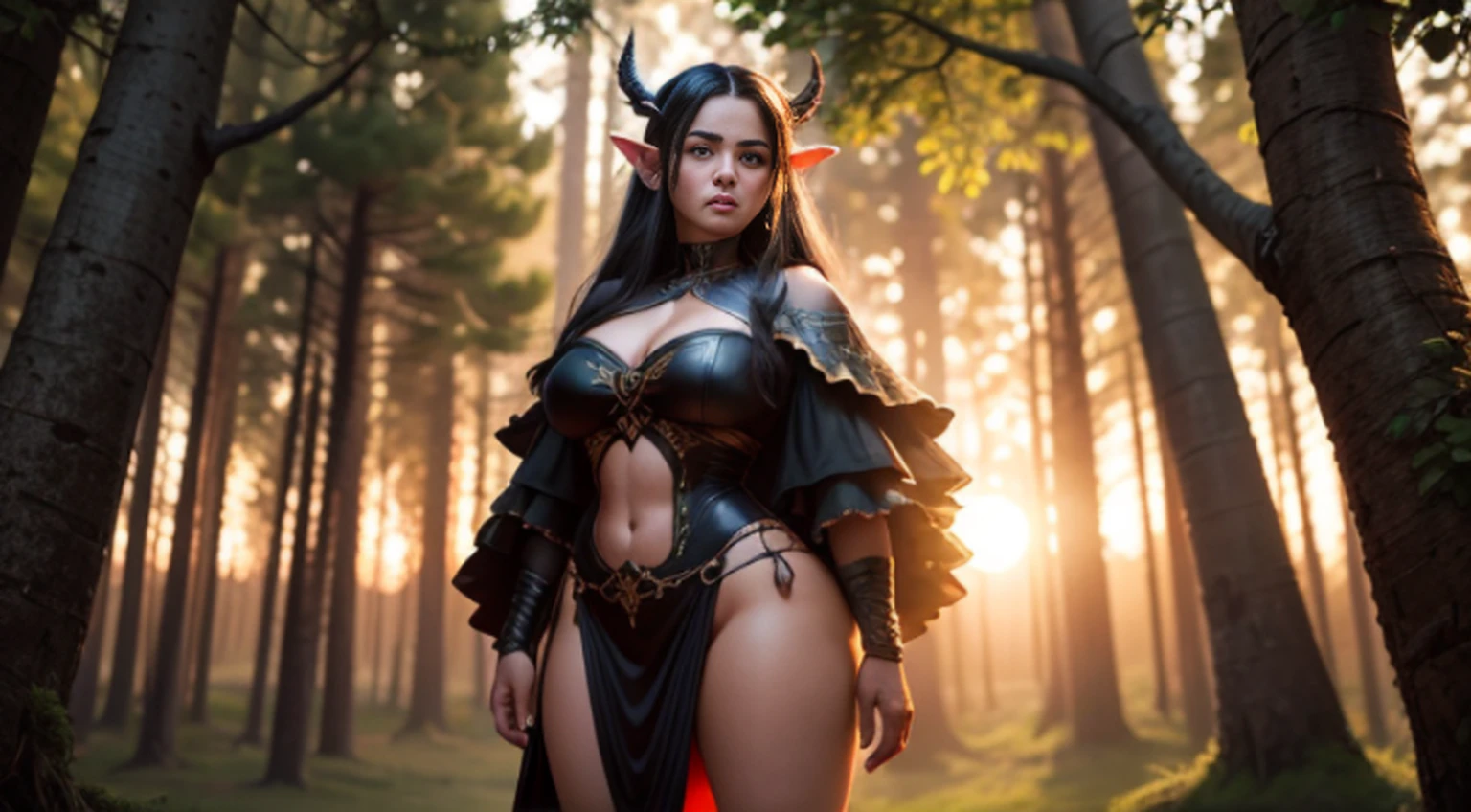Uma monstro tem asas .mulher assustadora.Mulher Diabo. asas grandes.chifres grandes .orelhas de elfo . Standing in a tree . tall tree . looking at sunset. Peitos grandes . Ultra high resolution . 8k . totalmente detalhado