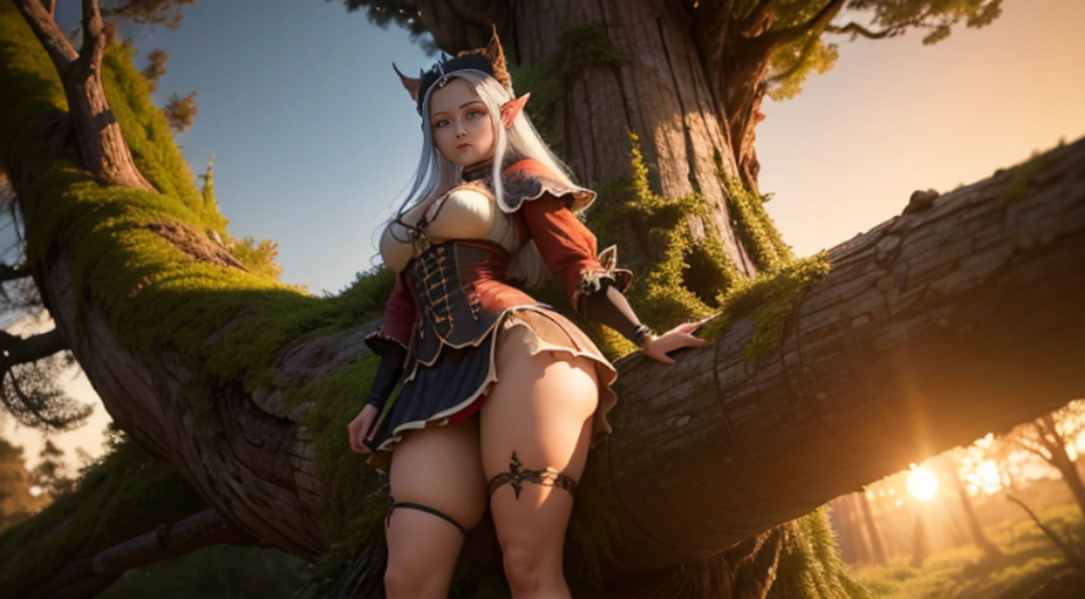 Uma menina monstro tem asas .mulher assustadora.Mulher Diabo. asas grandes.chifres grandes .orelhas de elfo . Standing in a tree . tall tree . looking at sunset. Peitos grandes . Ultra high resolution . 8k . totalmente detalhado