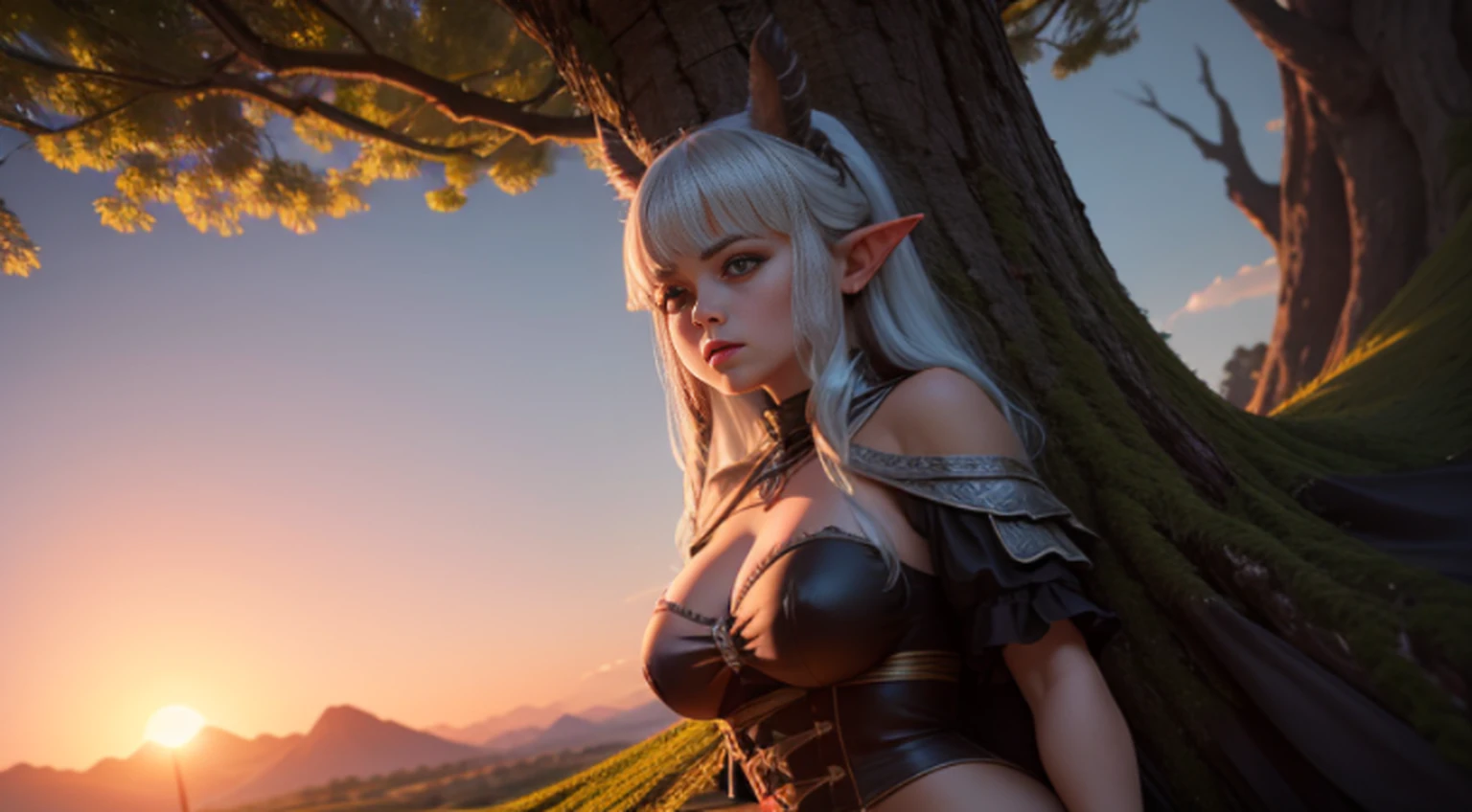 Uma monstro tem asas .mulher assustadora.Mulher Diabo. asas grandes.chifres grandes .orelhas de elfo . Standing in a tree . tall tree . looking at sunset. Peitos grandes . Ultra high resolution . 8k . totalmente detalhado
