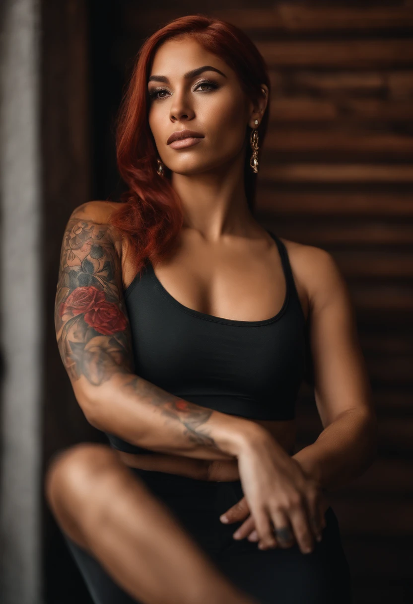 An urban Latina goddess with caramel skin and vibrant red hair With flower tattoos on her right shoulder, lower lip and shoulder completely, sportive, fit girl, Quite large and detailed muscles, poitrine, Realstic, 22 ans, tenue de sport, very small golden chain, salle de sport, joue ronde, slightly shiny skin, Mid-length hair reaching shoulders