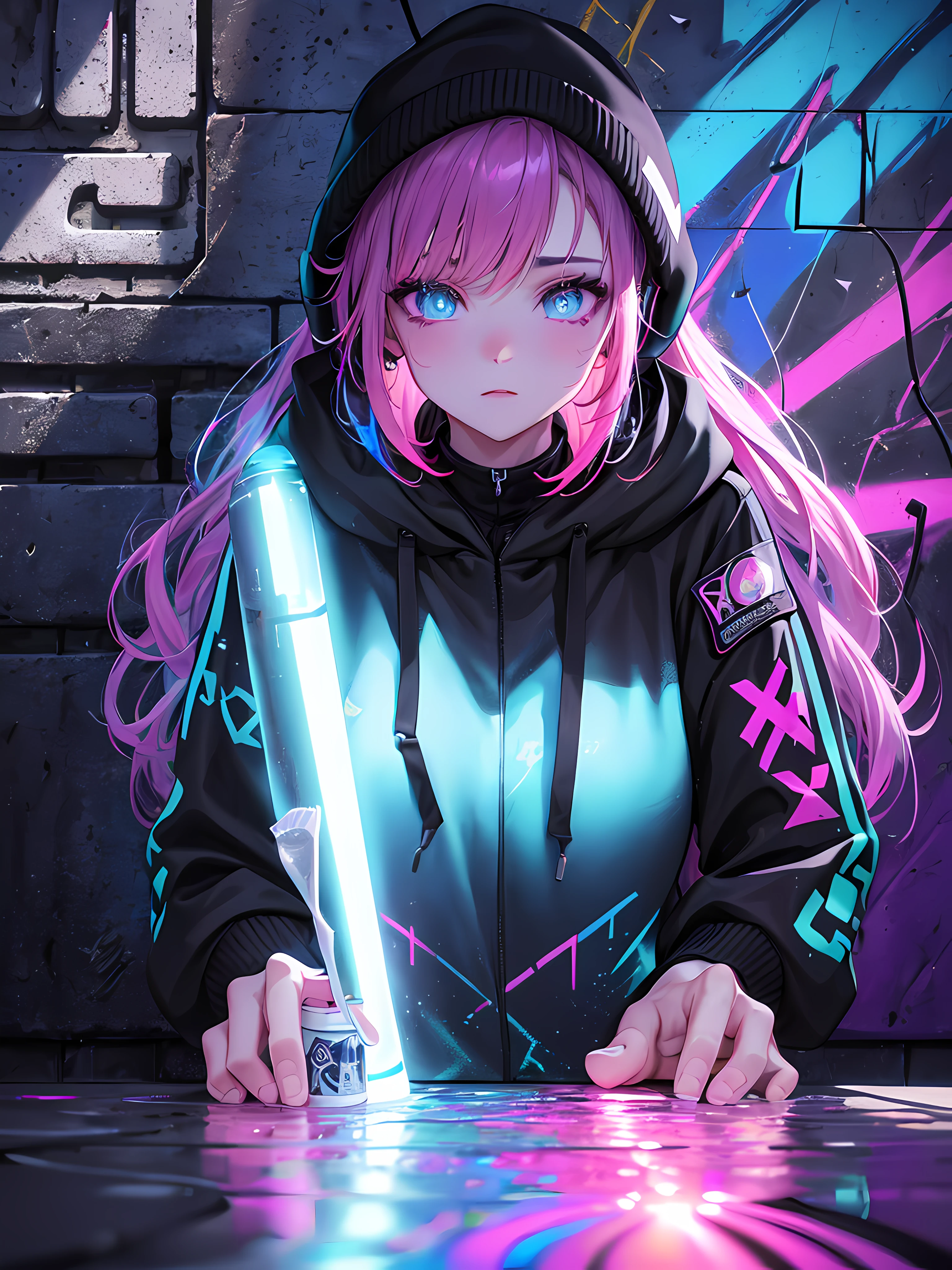 (Masterpiece:1.2), best quality, (illustration:1.2), (ultra-detailed),Eye focus,(Masterfully crafted Glow, pink lens flare), (Cinematic background), hyper details,(delicate detailed), (intricate details), octane render, hdr, (hyperdetailed:1.15), (((colourful))),(soft light:1.2), 1girl, beautiful girl, ultra detailed eyes, mature, plump, thick, rainbow painting drops, paint teardrops, woman made up from paint, entirely paint, splat, splash, (outside), (bioluminescent hair:1.1),(glowing eyes), ((makeup)),(Cinematic masterpiece), fierce, powerful, splashes of colour absolutely eye-catching, (Cinematic headlight), (realistic bounce lighting:1.2),((caustic)), dynamic angle, beautiful detailed glow, ambient occlusion, ambient light, raytraced reflections,(best illumination, an extremely delicate and beautiful), ((cinematic light)), (soft:2), (whimsical:2) , intricate background, vibrant, dreamscape, (painting graffiti:1.3), (glowing tail), (painted city landscape), (Urban),(realistic urban fashion), (expressive:1.2), good form, athletic , (mirrored world), (long flowing black hair:1.1), wavy hair, (colourful hair highlights),(Cyberpunk Techwear Japanese Streetwear Longline Hoodie),(Cyberpunk Streetwear Kanji Joggers), glowing headphones, beanie, (graffiti wall), unfinished graffiti, ghetto,(looking at wall:2),black hoodie, (backwall present),(holding spraycan:1.3), (colourful mist), buckles, belts, straps, a girl standing in front of a graffiti wall, cyberpunk art, by LAM, Mika Pikazo, graffiti, techwear jacket, black gloves, with buckle and tape