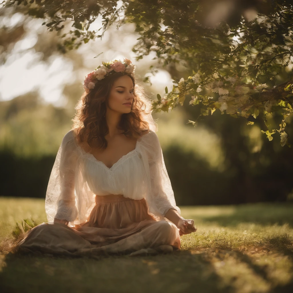 (high quality:1.2),peaceful garden,serene atmosphere,cross-legged position,serene facial expression,deep breath,colorful flowers,butterflies fluttering,gentle breeze,green grass,tranquil scene,birds chirping,soft sunlight,meditative moment