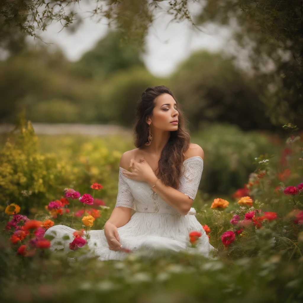 (high quality:1.2),peaceful garden,serene atmosphere,cross-legged position,serene facial expression,deep breath,colorful flowers,butterflies fluttering,gentle breeze,green grass,tranquil scene,birds chirping,soft sunlight,meditative moment