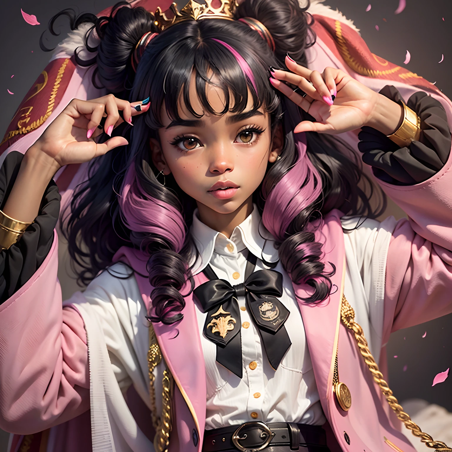 /imagine prompt:Black girl; with a black, curly, afro long hair with pink tips; wearing a hogwarts uniform with a pink robe with gryffindor symbol; black background; anime style --auto --s2