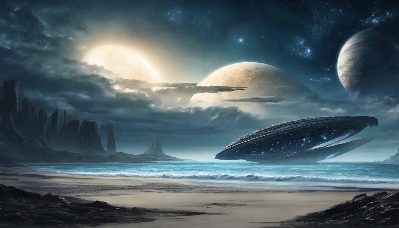 huge planet, the night, starrysky, surrealism, masutepiece, hight resolution、Impressive Milky Way:1.9、sand beach、Vast blue ocean、Blue Waves、Blue glacier、lightning bolt:1.9、Protoplanets、pure beauty